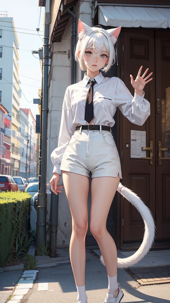 1girl, ebenya, looking at viewer, white hair, neko, cat ears, cat tail, white shirt, shorts, open clothes, russian city, ba-shiroko, waving