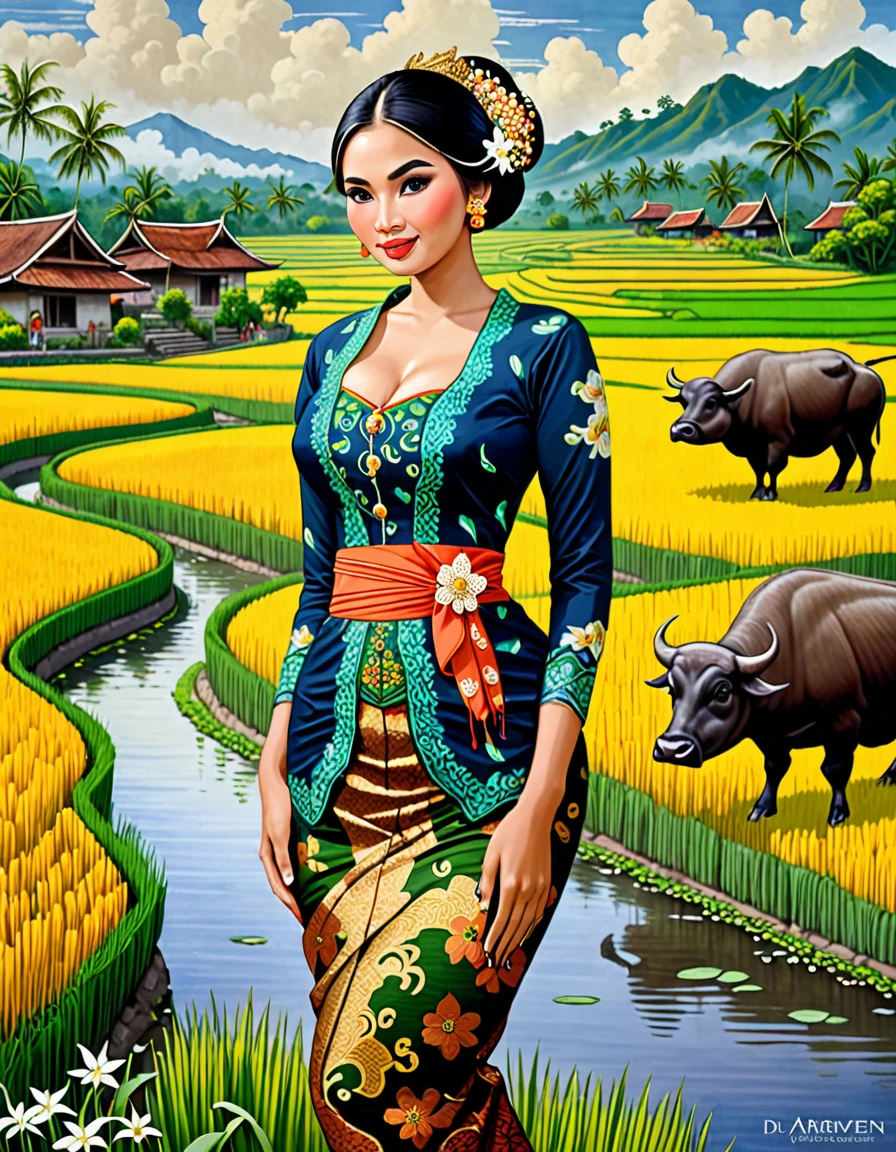 Gorgeous busty alluring curvy seducing javanese peasant woman donning a brocade kebaya dress and batik long skirt, simple bun hairdo with small beautiful flowers in her hair, insanely detailed and intricate terraced rice field background with water buffalo ajd duck shepherd in a far distance, oil on canvas painting, realistic style, heavily influenced by Don Lawrence photorealistic brush stroke style