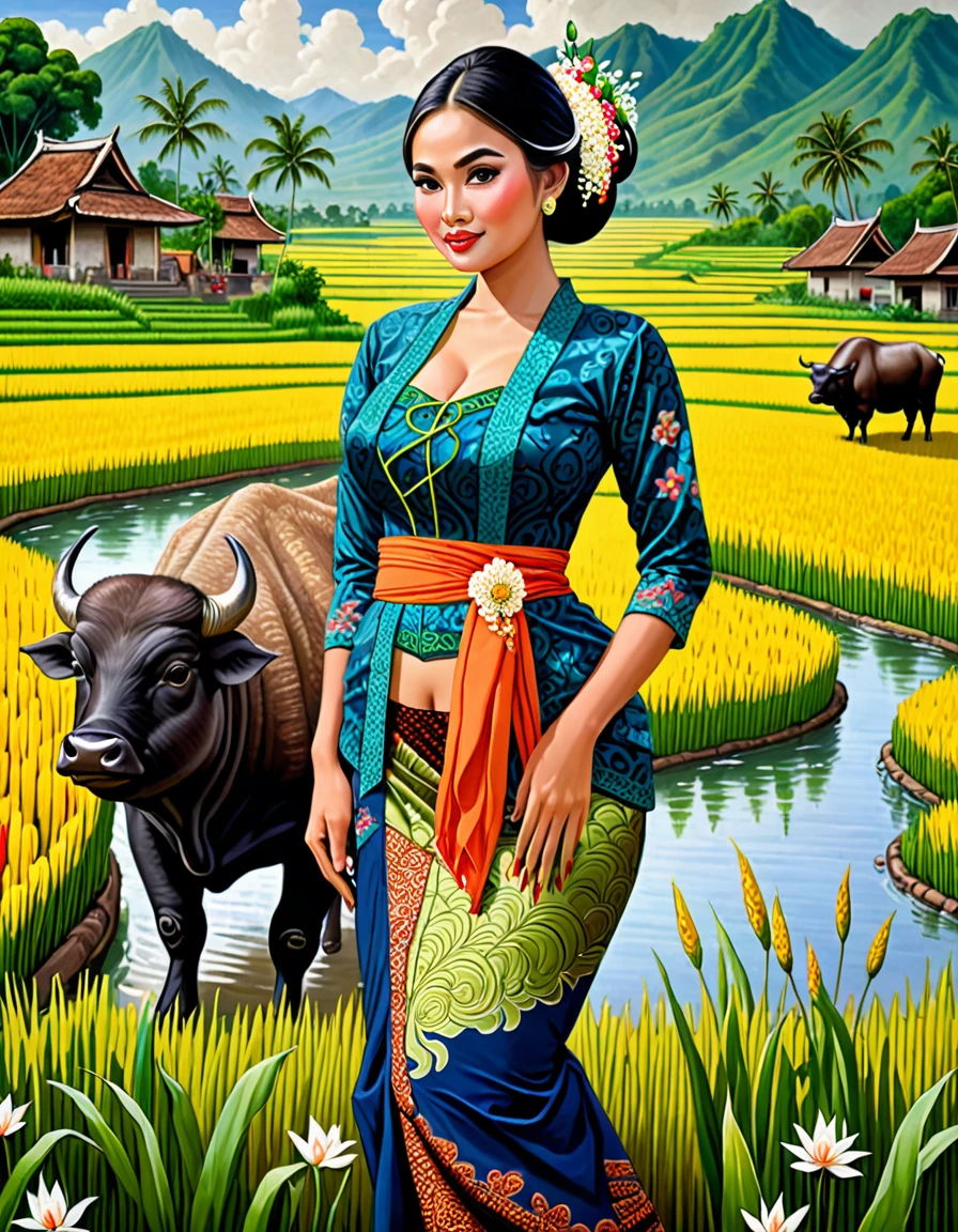 Gorgeous busty alluring curvy seducing javanese peasant woman donning a brocade kebaya dress and batik long skirt, simple bun hairdo with small beautiful flowers in her hair, insanely detailed and intricate terraced rice field background with water buffalo ajd duck shepherd in a far distance, oil on canvas painting, realistic style, heavily influenced by Don Lawrence photorealistic brush stroke style