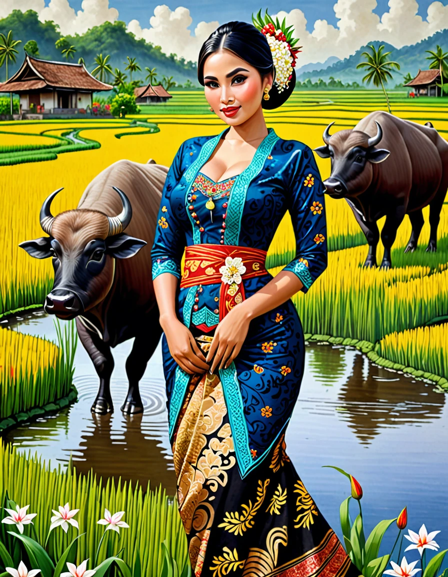 Gorgeous busty alluring curvy seducing javanese peasant woman donning a brocade kebaya dress and batik long skirt, simple bun hairdo with small beautiful flowers in her hair, insanely detailed and intricate terraced rice field background with water buffalo ajd duck shepherd in a far distance, oil on canvas painting, realistic style, heavily influenced by Don Lawrence photorealistic brush stroke style