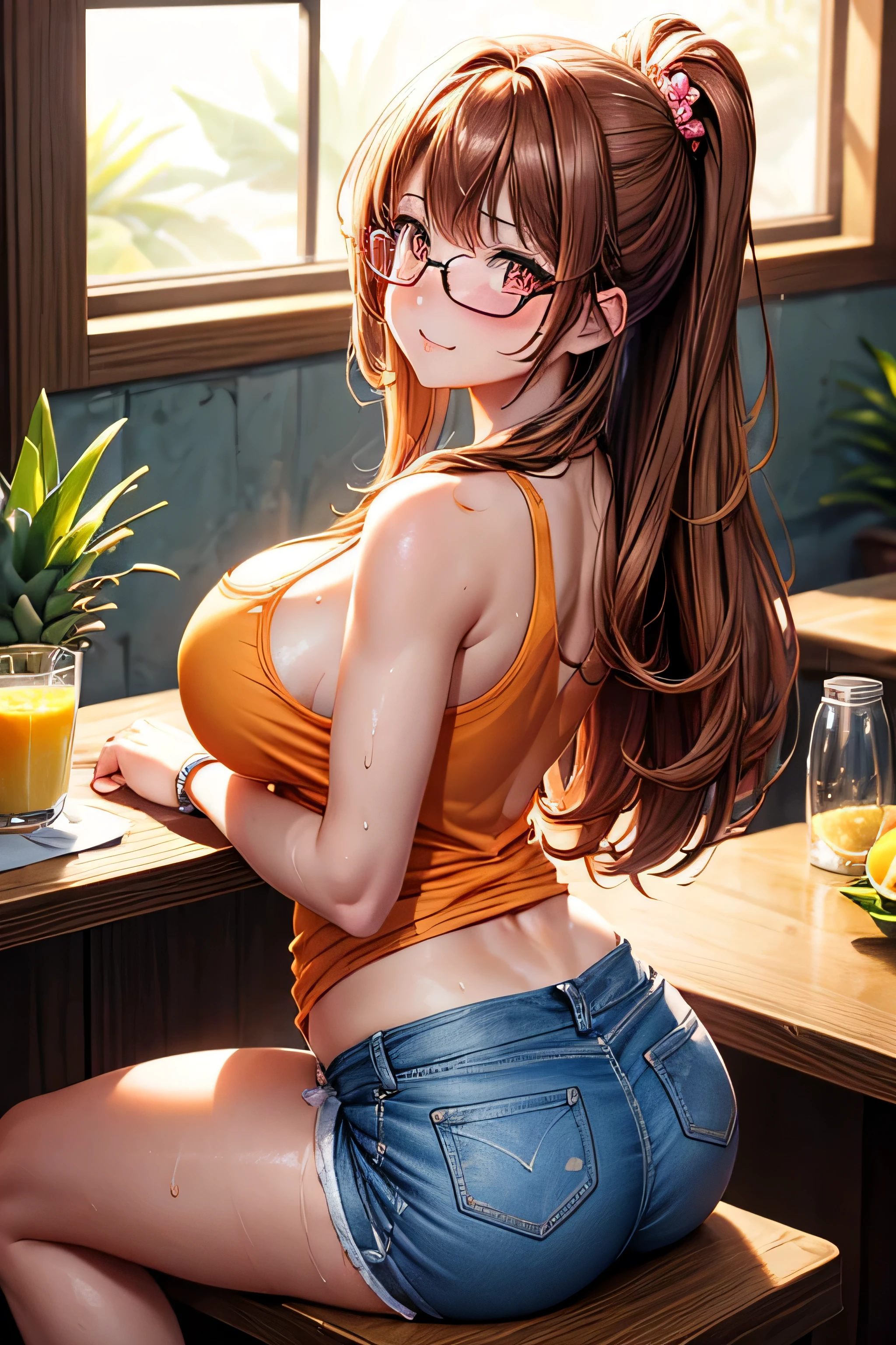 High resolution, high quality, One girl, Anime Girls,Brown long hair, Brown eyes, Pink Glasses,heart shaped pupils,Sunburned skin, Large Breasts,beautiful breasts,pointy breasts,(Big Ass),beautiful ass,Embarrassed,Tank Top,denim shorts,Back Pose,lower body,sweat,wet,sitting,open legs,cherryblossom,at cafe,(lemon juice),(orange juice),(Pineapple juice),(Mango juice),(water),
