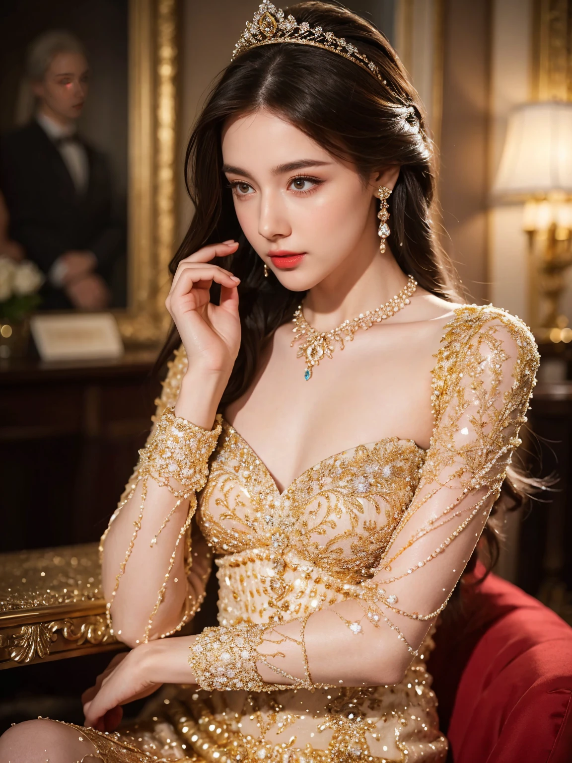(Realisticity: 1.2), Best quality, 8K  UHD, Masterpiece, A high resolution,CG, 1 Super meticulous girl, Super detailed queen，fully body photo，Jade foot，Long legs， Super elaborate palace scene, Inviting, Fox Palace background, Beautiful and detailed, Super fine long hair, Wearing a beautiful and luxurious diamond crown，Super meticulous, Super detailed dress, Super detailed dress sleeves, Super detailed beautiful earrings, Beautiful beautiful necklace，Full of super detailed diamonds, Solo, jewelry, Super detailed red and blue dress, Pretty face, fully body photo，Long legs， Beautiful, Tight noble heels，and super detailed, , Earrings, Super detailed hairstyle, spatter, The upper body is very ultra-delicate, Super delicate bun, Super fine brunette hair, lighting,candid,photographed,high resolution,8K,Bokeh,