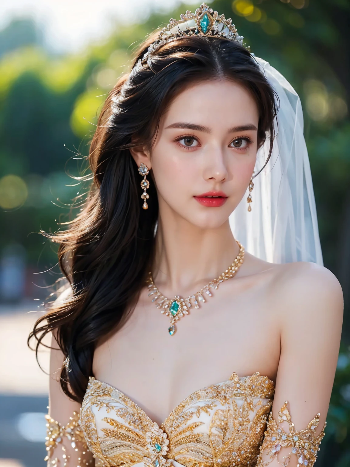 (Realisticity: 1.2), Best quality, 8K  UHD, Masterpiece, A high resolution,CG, 1 Super meticulous girl, Super detailed queen，fully body photo，Jade foot，Long legs， Super elaborate palace scene, Inviting, Fox Palace background, Beautiful and detailed, Super fine long hair, Wearing a beautiful and luxurious diamond crown，Super meticulous, Super detailed dress, Super detailed dress sleeves, Super detailed beautiful earrings, Beautiful beautiful necklace，Full of super detailed diamonds, Solo, jewelry, Super detailed red and blue dress, Pretty face, fully body photo，Long legs， Beautiful, Tight noble heels，and super detailed, , Earrings, Super detailed hairstyle, spatter, The upper body is very ultra-delicate, Super delicate bun, Super fine brunette hair, lighting,candid,photographed,high resolution,8K,Bokeh,