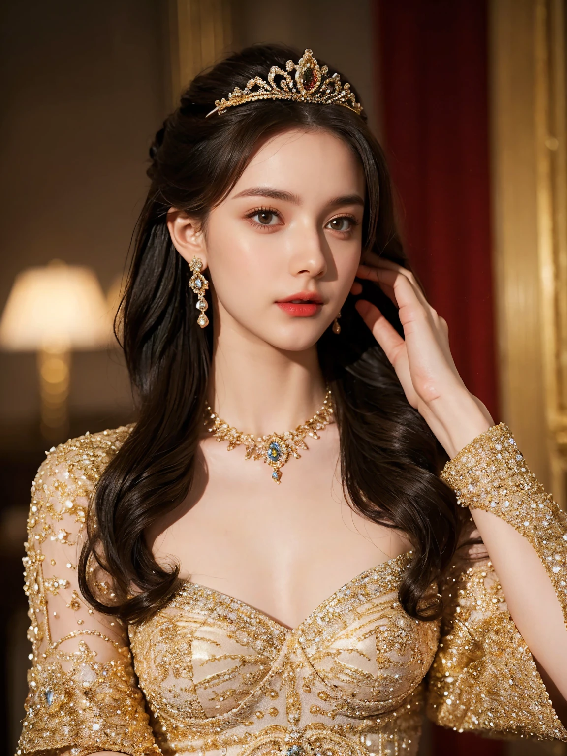(Realisticity: 1.2), Best quality, 8K  UHD, Masterpiece, A high resolution,CG, 1 Super meticulous girl, Super detailed queen，fully body photo，Jade foot，Long legs， Super elaborate palace scene, Inviting, Fox Palace background, Beautiful and detailed, Super fine long hair, Wearing a beautiful and luxurious diamond crown，Super meticulous, Super detailed dress, Super detailed dress sleeves, Super detailed beautiful earrings, Beautiful beautiful necklace，Full of super detailed diamonds, Solo, jewelry, Super detailed red and blue dress, Pretty face, fully body photo，Long legs， Beautiful, Tight noble heels，and super detailed, , Earrings, Super detailed hairstyle, spatter, The upper body is very ultra-delicate, Super delicate bun, Super fine brunette hair, lighting,candid,photographed,high resolution,8K,Bokeh,