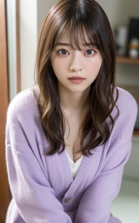 masterpiece, highest quality, 8k, 20th generation, Big Breasts, cute, alone, sad, cute, Girlish, cute、Delicate girl, Pure beauty, RAW Photos, Professional photography, Portraiture, Soft Light, Professional Lighting, Backlight, Head to knee photo, avert your eyes, Sophisticated, Film Grain, (Round face、Young Face、Thin eyebrows、Thin lips:1.0), Floating Hair, beautiful, Flowing hair, bangs, White blouse、pastel cardigan、(Small breasts、Flat Chest)、You can see the chest a little、Micro Mini Skirt、Voluptuous thighs、dolly make、Heterochromia iridis、Left and right eyes are different colors、Midsummer sky、Cumulonimbuidsummer Beach