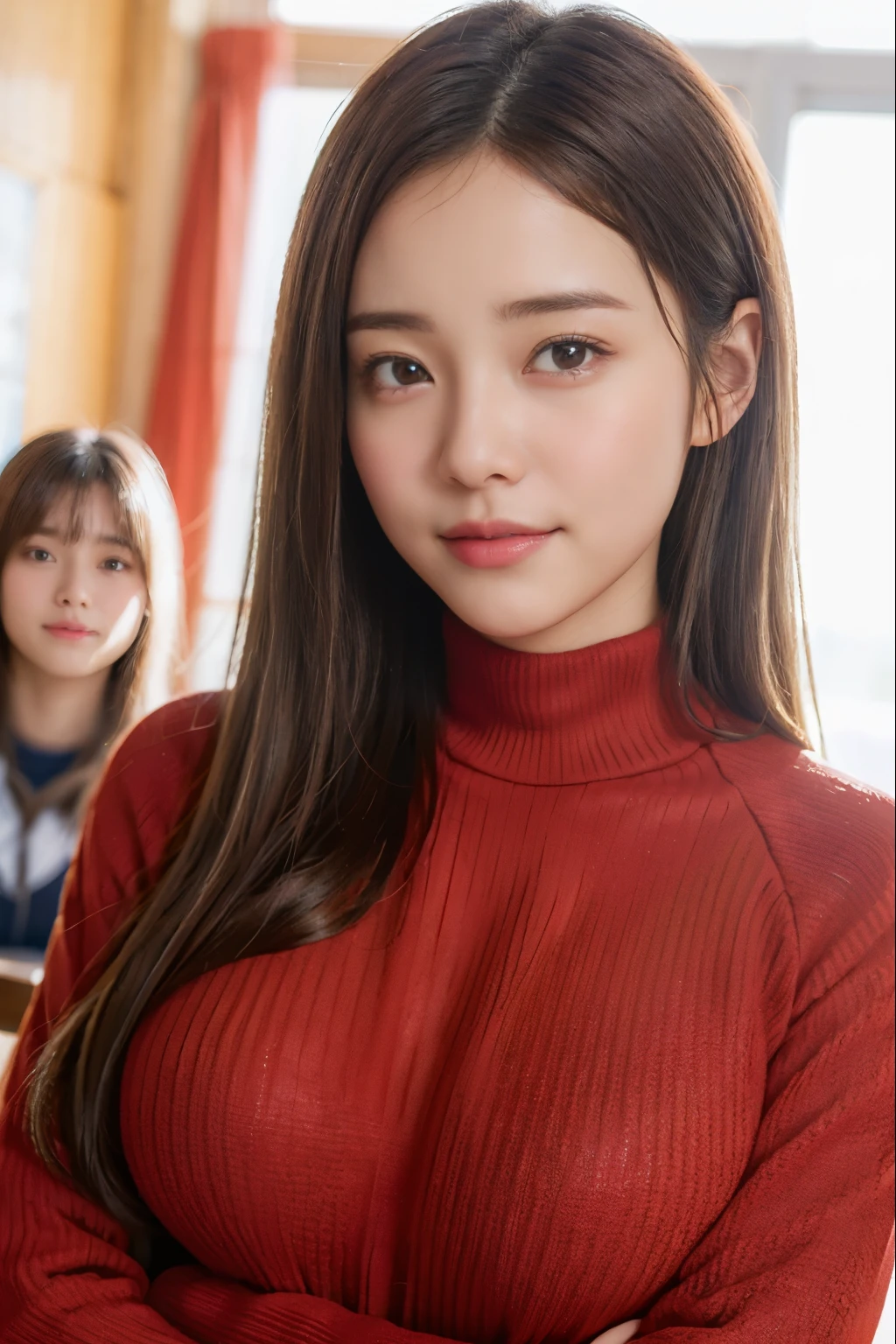 Random pose、highest quality、超A high resolution、(Photorealistic:1.5)、3 girls、Red sweater、(Brown Hair:1.2)、(Big Breasts:1.2)、classroom、View your viewers、Close-up、Whole Body Ezbian、Bad Eyes、A shy smile、