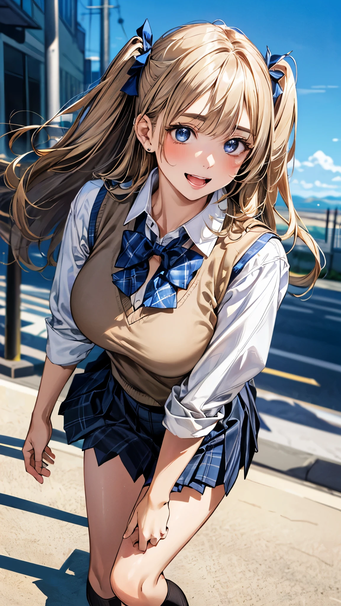 (masterpiece:1.3, top-quality, ultra high res, ultra detailed), (realistic, photorealistic:1.4), beautiful illustration, perfect lighting, natural lighting, colorful, depth of fields, surrealism,
beautiful detailed hair, beautiful detailed face, beautiful detailed eyes, beautiful clavicle, beautiful body, beautiful chest, beautiful thigh, beautiful legs, beautiful fingers, shiny skin, face,
looking at viewer, 1 girl, japanese, high school girl, (perfect anatomy, anatomically correct, super detailed skin), cute and symmetrical face, perfect face, perfect eyes,
(long hair, (two side up), straight hair, sandy beige hair), asymmetrical bangs, blue eyes, big eyes, long eyelashes, (large breasts:1.2, seductive thighs), slender, outstanding style,
((detailed cloth texture, white collared shirt, navy blue suit vest, blue plaid pleated skirt, purple blue bow tie), white socks, black loafer),
(beautiful scenery), evening, (downtown), walking, (lovely smile, upper eyes, open mouth),