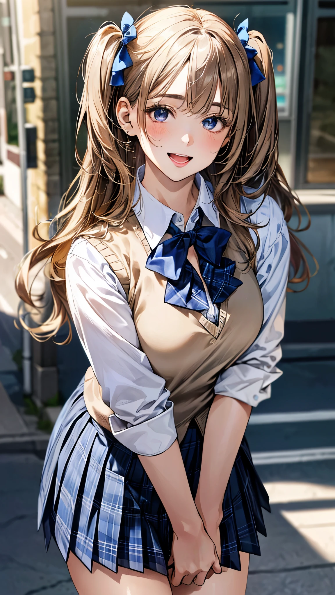 (masterpiece:1.3, top-quality, ultra high res, ultra detailed), (realistic, photorealistic:1.4), beautiful illustration, perfect lighting, natural lighting, colorful, depth of fields, surrealism, 
beautiful detailed hair, beautiful detailed face, beautiful detailed eyes, beautiful clavicle, beautiful body, beautiful chest, beautiful thigh, beautiful legs, beautiful fingers, shiny skin, babyface, 
looking at viewer, 1 girl, japanese, high school girl, (perfect anatomy, anatomically correct, super detailed skin), cute and symmetrical face, perfect face, perfect eyes, 
(long hair, (two side up), straight hair, sandy beige hair), asymmetrical bangs, blue eyes, big eyes, long eyelashes, (large breasts:1.2, seductive thighs), slender, outstanding style, 
((detailed cloth texture, white collared shirt, navy blue suit vest, blue plaid pleated skirt, purple blue bow tie), white socks, black loafer), 
(beautiful scenery), evening, (downtown), walking, (lovely smile, upper eyes, open mouth),