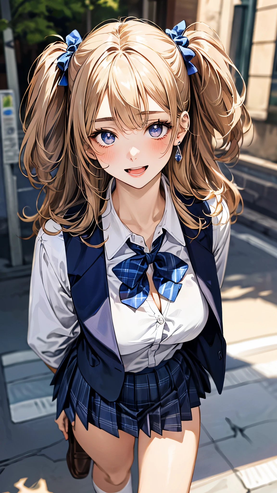 (masterpiece:1.3, top-quality, ultra high res, ultra detailed), (realistic, photorealistic:1.4), beautiful illustration, perfect lighting, natural lighting, colorful, depth of fields, surrealism,
beautiful detailed hair, beautiful detailed face, beautiful detailed eyes, beautiful clavicle, beautiful body, beautiful chest, beautiful thigh, beautiful legs, beautiful fingers, shiny skin, babyface,
looking at viewer, 1 girl, japanese, high school girl, (perfect anatomy, anatomically correct, super detailed skin), cute and symmetrical face, perfect face, perfect eyes,
(long hair, (two side up), straight hair, sandy beige hair), asymmetrical bangs, blue eyes, big eyes, long eyelashes, (large breasts:1.2, seductive thighs), slender, outstanding style,
((detailed cloth texture, break,break, white collared shirt, break,break, navy blue suit vest, break,break, blue plaid pleated skirt, break,break, purple blue bow tie), break,break, white socks, black loafer),
(beautiful scenery), evening, (downtown), walking, (lovely smile, upper eyes, open mouth),