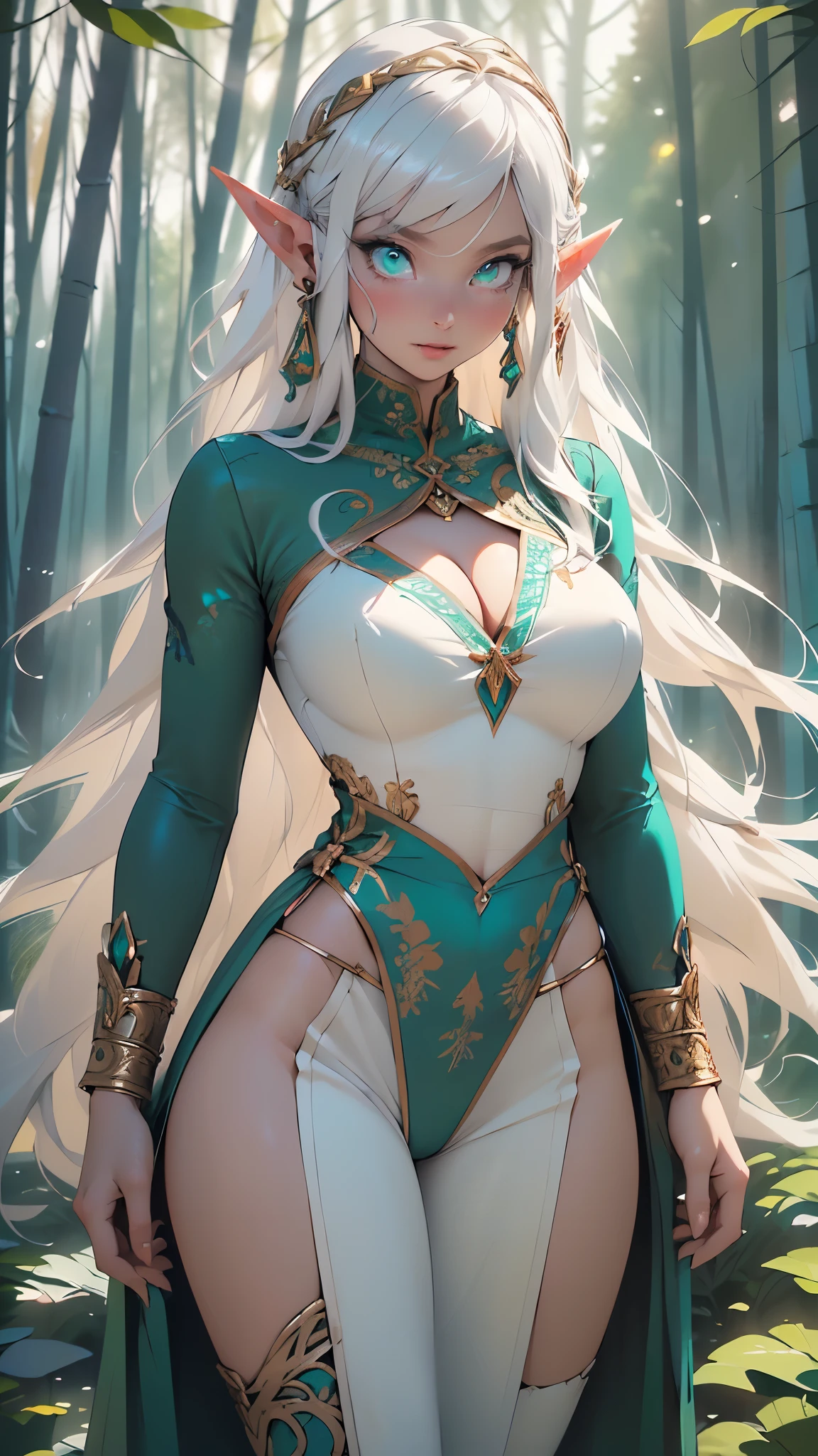 elf girl,(((1girl))),((extremely cute and beautiful elf girl)),(((16 years old))),(((elf))), (((elf ears:1.5))),

(large breasts:1.5),((((white long hair:1.35,(absurdly long hair:1.5),white straight hair,colored inner hair,ear breathing)))),(pointed ears,(((turquoise_eyes:1.3))),intricate eyes,beautiful detailed eyes,symmetrical eyes,big eyes:1.5,((fat)),(((lustrous skin:1.5,bright skin: 1.5,skin tanned,shiny skin,very shiny skin,shiny body,plastic glitter skin,exaggerated shiny skin,illuminated skin))),(spider lower abdomen,narrow waist,wide hip,athletic body,inflated legs,thick thighs,detailed body,(detailed face)),

cute,slutty,seductive,erotic,(nsfw),

(((huge cleavage))),revealing clothes,show skin,((underboob)),((elven queen clothes)),revealing clothes,((loincloth)),(((pelvis curtain))),(((white and turquoise theme clothes,intricate outfit,intricate clothes,embroidered outfit,ornate outfit))),

(dynamic pose:1.0),embarrassed,happy,(centered,scale to fit dimensions,Rule of thirds),

((pine forest,elven palace in the forest:1.5)),scenery:1.25,((intricate scenery)),((elven palace in the forest background)),

(Glossy winter ornaments),highres,sharp focus,(ultra detailed,extremely detailed),(photorealistic artwork:1.37),(extremely detailed CG unity 8k wallpaper),(((vibrant colors,vibrant theme))),(intricate),(masterpiece),(best quality),artistic photography,(photography taken by sldr),(intricate background),perfect rendered face,perfect face details,realistic face,photo realistic,((intricate detail)),(((realism))),
