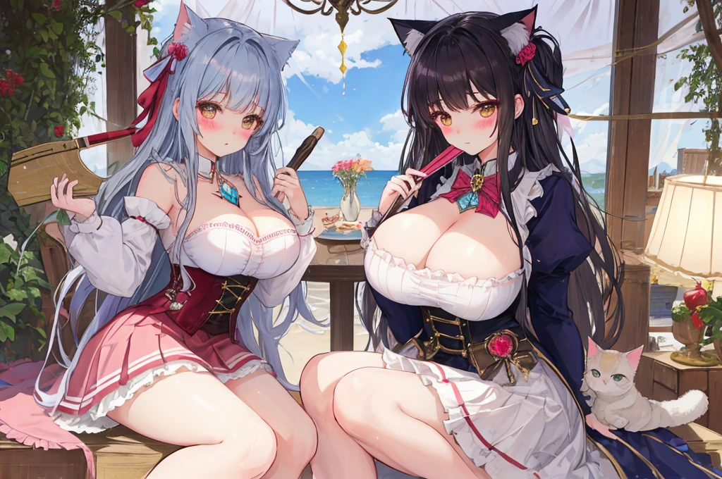 Two big woman,Beautiful woman,Cat,Magical girl,(Double),Western Fantasy,ta skirt,translucent,Exquisite,Smooth underbust,Cleavage,Slim waist,Perfect long legs,(Blush:1.2),Sitting,Fan meetup,