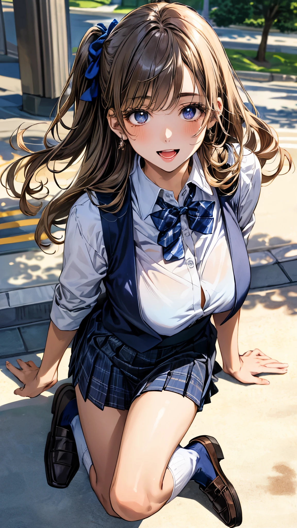 (masterpiece:1.3, top-quality, ultra high res, ultra detailed), (realistic, photorealistic:1.4), beautiful illustration, perfect lighting, natural lighting, colorful, depth of fields, surrealism, 
beautiful detailed hair, beautiful detailed face, beautiful detailed eyes, beautiful clavicle, beautiful body, beautiful chest, beautiful thigh, beautiful legs, beautiful fingers, shiny skin, babyface, 
looking at viewer, 1 girl, japanese, high school girl, (perfect anatomy, anatomically correct, super detailed skin), cute and symmetrical face, perfect face, perfect eyes, 
(long hair, (two side up), straight hair, sandy beige hair), asymmetrical bangs, blue eyes, big eyes, long eyelashes, (large breasts:1.2, seductive thighs), slender, outstanding style, 
((detailed cloth texture, break,break, white collared shirt, break,break, navy blue suit vest, break,break, blue plaid pleated skirt, break,break, purple blue bow tie), break,break, white socks, black loafer), 
(beautiful scenery), evening, (downtown), walking, (lovely smile, upper eyes, open mouth),