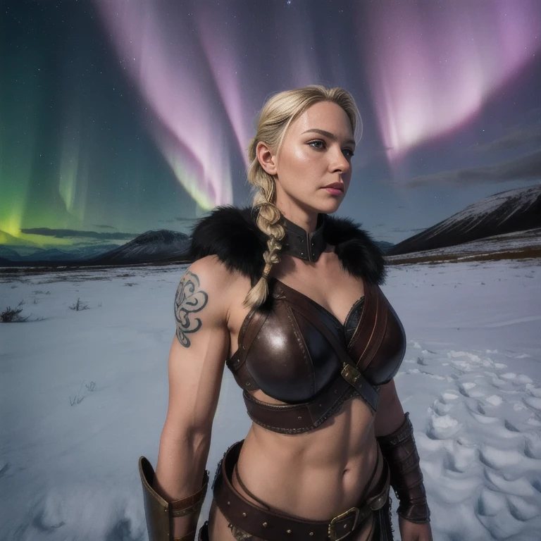 [ Eivor], woman, [,blonde hair,] serious, blue tattoos, braid, cheek scar, leather armor, fur trim, sleeveless, muscular, midriff, upper body, standing, looking at viewer, [northern lights, mountains, cold, camp,],4k,sharp image,detailed