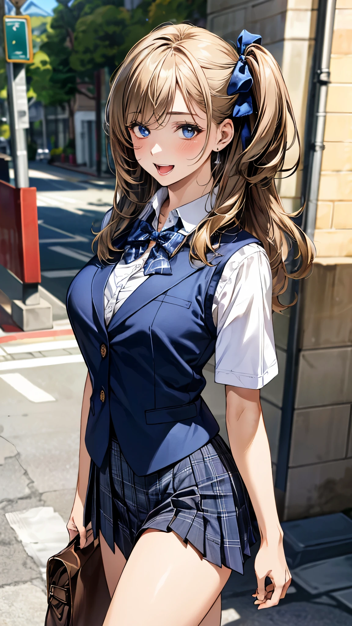 (masterpiece:1.3, top-quality, ultra high res, ultra detailed), (realistic, photorealistic:1.4), beautiful illustration, perfect lighting, natural lighting, colorful, depth of fields, surrealism,
beautiful detailed hair, beautiful detailed face, beautiful detailed eyes, beautiful clavicle, beautiful body, beautiful chest, beautiful thigh, beautiful legs, beautiful fingers, shiny skin, babyface,
looking at viewer, 1 girl, japanese, high school girl, (perfect anatomy, anatomically correct, super detailed skin), cute and symmetrical face, perfect face, perfect eyes,
(long hair, (two side up), straight hair, sandy beige hair), asymmetrical bangs, blue eyes, big eyes, long eyelashes, (large breasts:1.2, seductive thighs), slender, outstanding style,
((detailed cloth texture, break,break, white collared shirt, break,break, navy blue suit vest, break,break, blue plaid pleated skirt, break,break, purple blue bow tie), break,break, white socks, black loafer),
(beautiful scenery), evening, (downtown), walking, (lovely smile, upper eyes, open mouth),