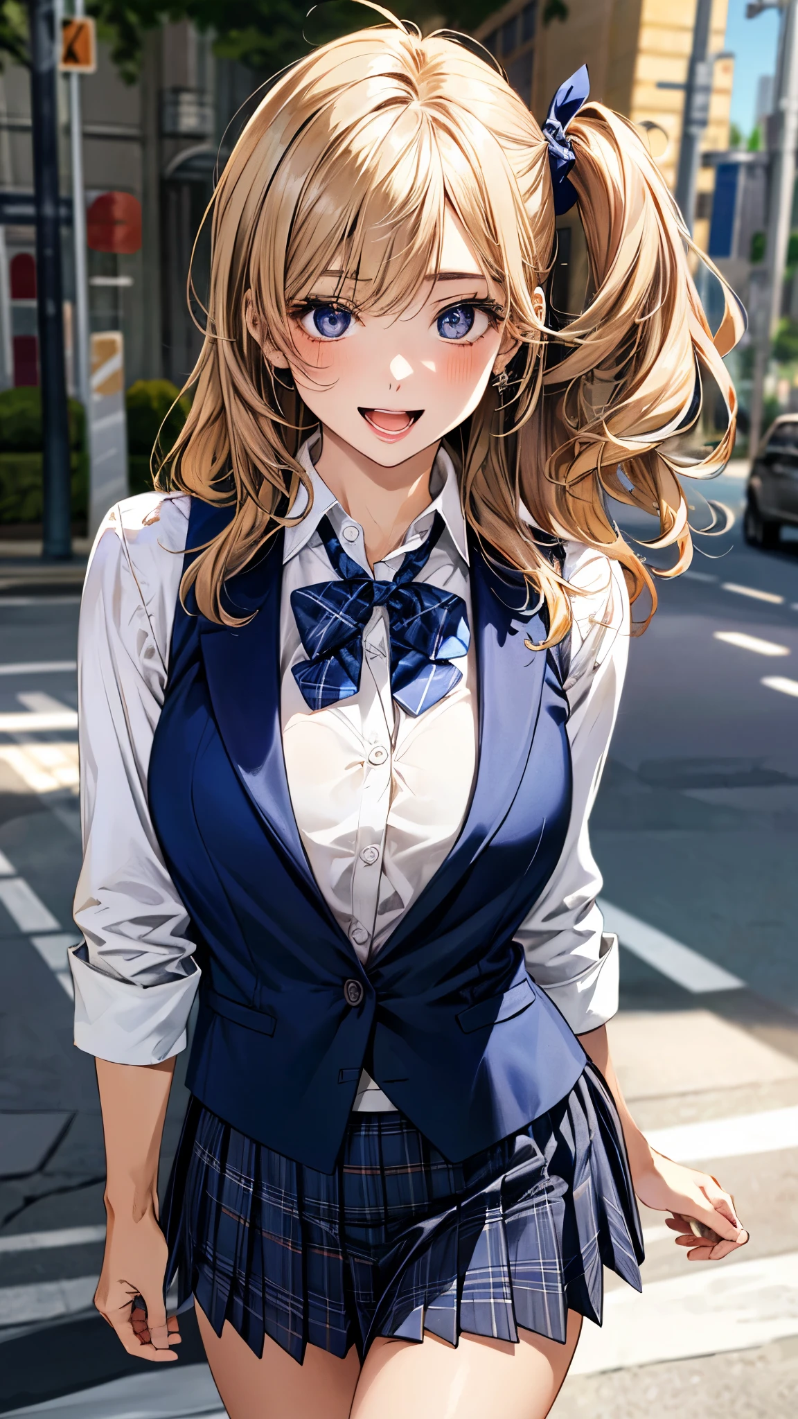 (masterpiece:1.3, top-quality, ultra high res, ultra detailed), (realistic, photorealistic:1.4), beautiful illustration, perfect lighting, natural lighting, colorful, depth of fields, surrealism,
beautiful detailed hair, beautiful detailed face, beautiful detailed eyes, beautiful clavicle, beautiful body, beautiful chest, beautiful thigh, beautiful legs, beautiful fingers, shiny skin, babyface,
looking at viewer, 1 girl, japanese, high school girl, (perfect anatomy, anatomically correct, super detailed skin), cute and symmetrical face, perfect face, perfect eyes,
(long hair, (two side up), straight hair, sandy beige hair), asymmetrical bangs, blue eyes, big eyes, long eyelashes, (large breasts:1.2, seductive thighs), slender, outstanding style,
((detailed cloth texture, break,break, white collared shirt, break,break, navy blue suit vest, break,break, blue plaid pleated skirt, break,break, purple blue bow tie), break,break, white socks, black loafer),
(beautiful scenery), evening, (downtown), walking, (lovely smile, upper eyes, open mouth),