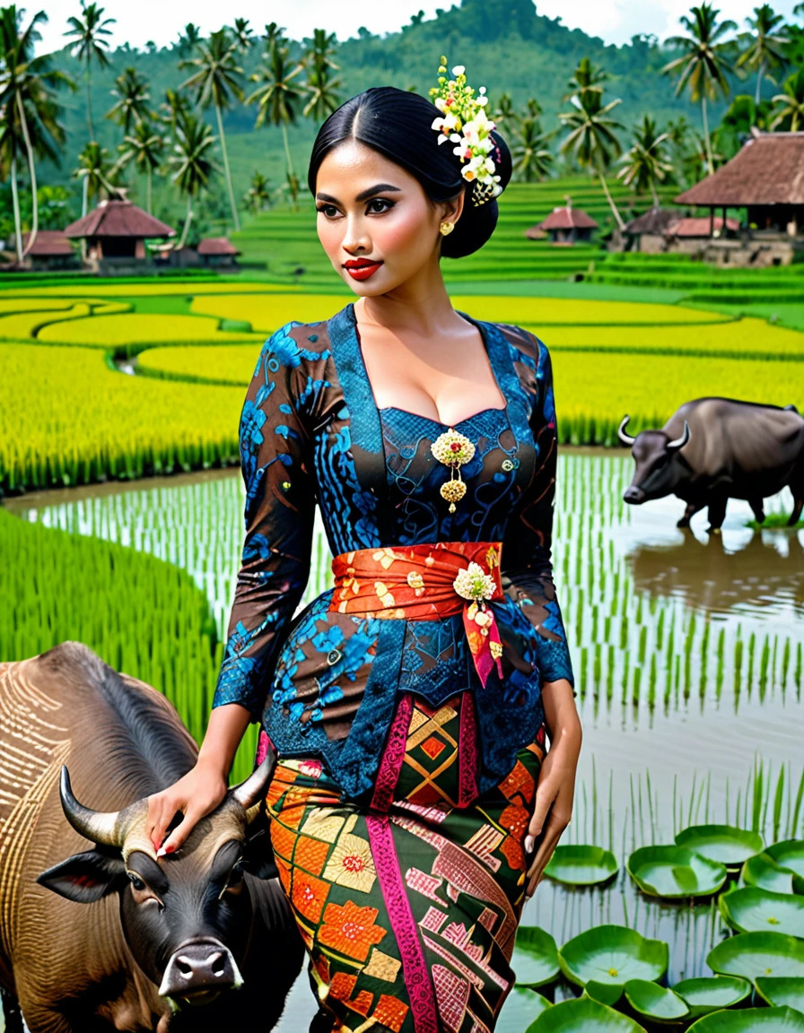 Gorgeous busty alluring curvy seducing javanese peasant woman donning a brocade kebaya dress and batik long skirt, simple bun hairdo with small beautiful flowers in her hair, insanely detailed and intricate terraced rice field background with water buffalo ajd duck shepherd in a far distance, masterpiece professional photography of Annie Leibovitz photographs style, ultra sharp focus, 4k, high resolution, cinematic