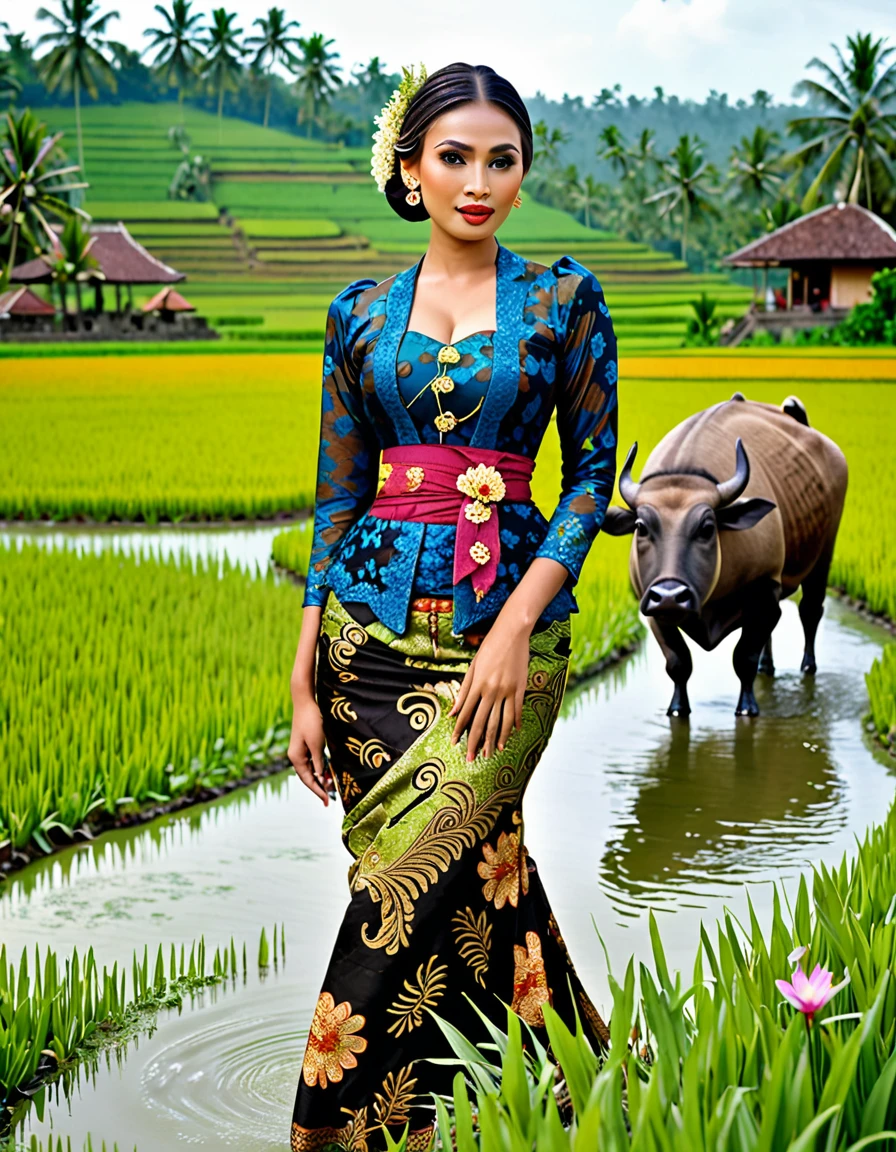 Gorgeous busty alluring curvy seducing javanese peasant woman donning a brocade kebaya dress and batik long skirt, simple bun hairdo with small beautiful flowers in her hair, insanely detailed and intricate terraced rice field background with water buffalo ajd duck shepherd in a far distance, masterpiece professional photography of Annie Leibovitz photographs style, ultra sharp focus, 4k, high resolution, cinematic