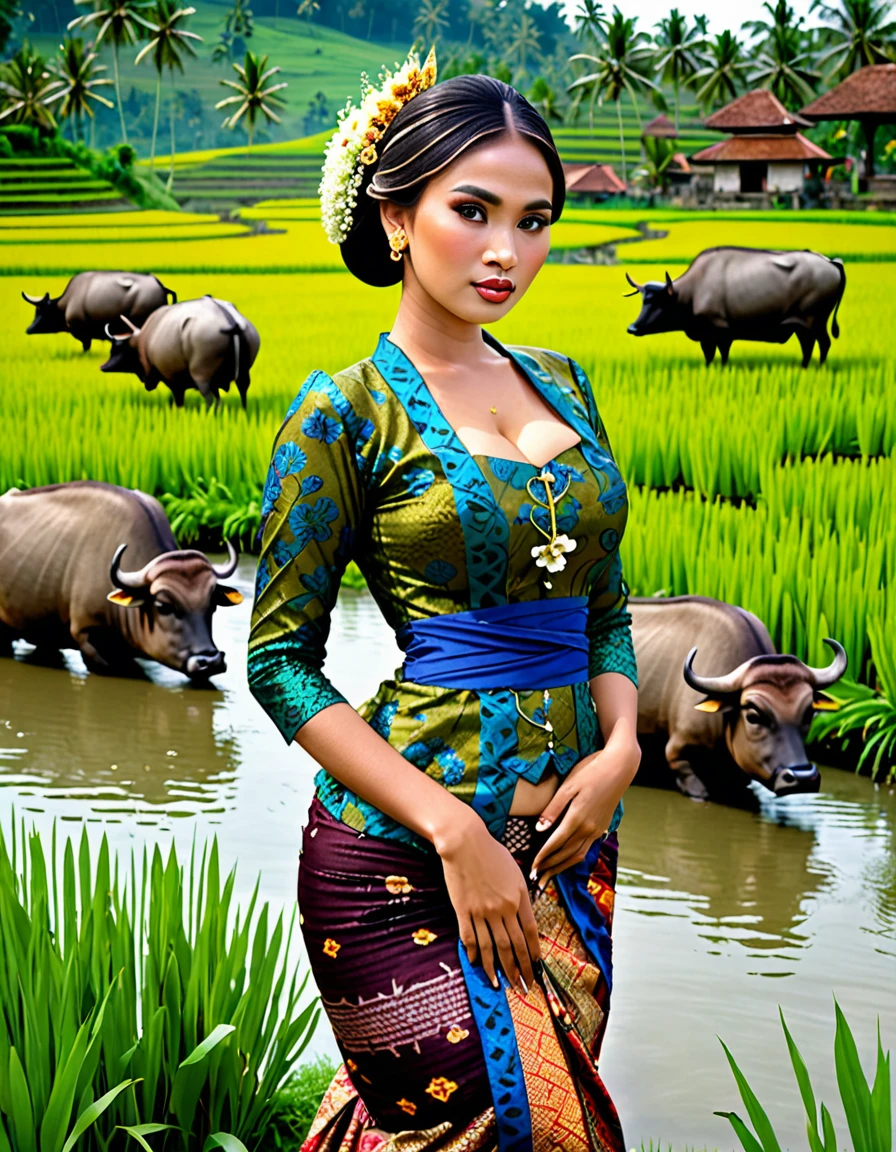 Gorgeous busty alluring curvy seducing javanese peasant woman donning a brocade kebaya dress and batik long skirt, simple bun hairdo with small beautiful flowers in her hair, insanely detailed and intricate terraced rice field background with water buffalo ajd duck shepherd in a far distance, masterpiece professional photography of Annie Leibovitz photographs style, ultra sharp focus, 4k, high resolution, cinematic