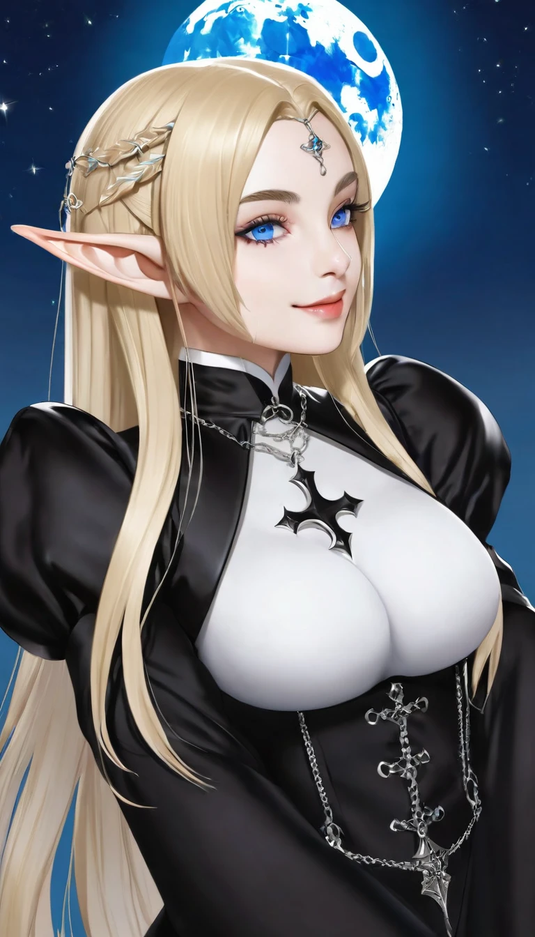 Digital illustration of a moon elf with fair skin and blue eyes, ((cabelos brancos)), your eyebrows are medium blonde, she wears a classic gothic clergy outfit, preta e de couro. She has medium to large breasts and smiles shyly at someone she sees from afar.