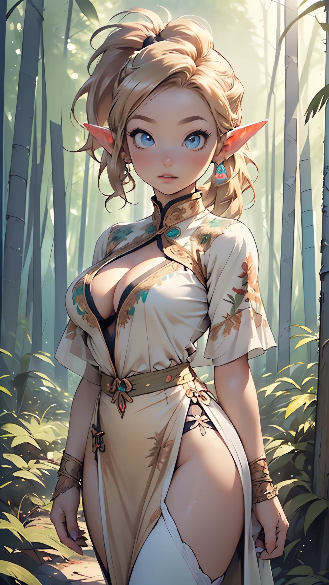 elf girl,(((1girl))),((extremely cute and beautiful elf girl)),((())),(((elf))), (((elf ears:1.5))),
(large breasts:1.5),((((blonde long hair:1.35,(blonde ponytail hair:1.5),colored inner hair,ear breathing)))),(pointed ears,(((light_ blue_eyes:1.3))),intricate eyes,beautiful detailed eyes,symmetrical eyes,big eyes:1.5,((fat)),(((lustrous skin:1.5,bright skin: 1.5,skin tanned,shiny skin,very shiny skin,shiny body,plastic glitter skin,exaggerated shiny skin,illuminated skin))),(spider lower abdomen,narrow waist,wide hip,athletic body,inflated legs,thick thighs,detailed body,(detailed face)),
cute,slutty,seductive,erotic,(nsfw),
(((huge cleavage))),revealing clothes,show skin,((underboob)),((elven princess clothes)),revealing clothes,((loincloth)),(((pelvis curtain))),(((light blue theme clothes,intricate outfit,intricate clothes,embroidered outfit,ornate outfit))),
(dynamic pose:1.0),embarrassed,happy,(centered,scale to fit dimensions,Rule of thirds),
((pine forest,elven palace in the forest:1.5)),scenery:1.25,((intricate scenery)),((elven palace in the forest background)),
(Glossy winter ornaments),highres,sharp focus,(ultra detailed,extremely detailed),(photorealistic artwork:1.37),(extremely detailed CG unity 8k wallpaper),(((vibrant colors,vibrant theme))),(intricate),(masterpiece),(best quality),artistic photography,(photography taken by sldr),(intricate background),perfect rendered face,perfect face details,realistic face,photo realistic,((intricate detail)),(((realism))),
