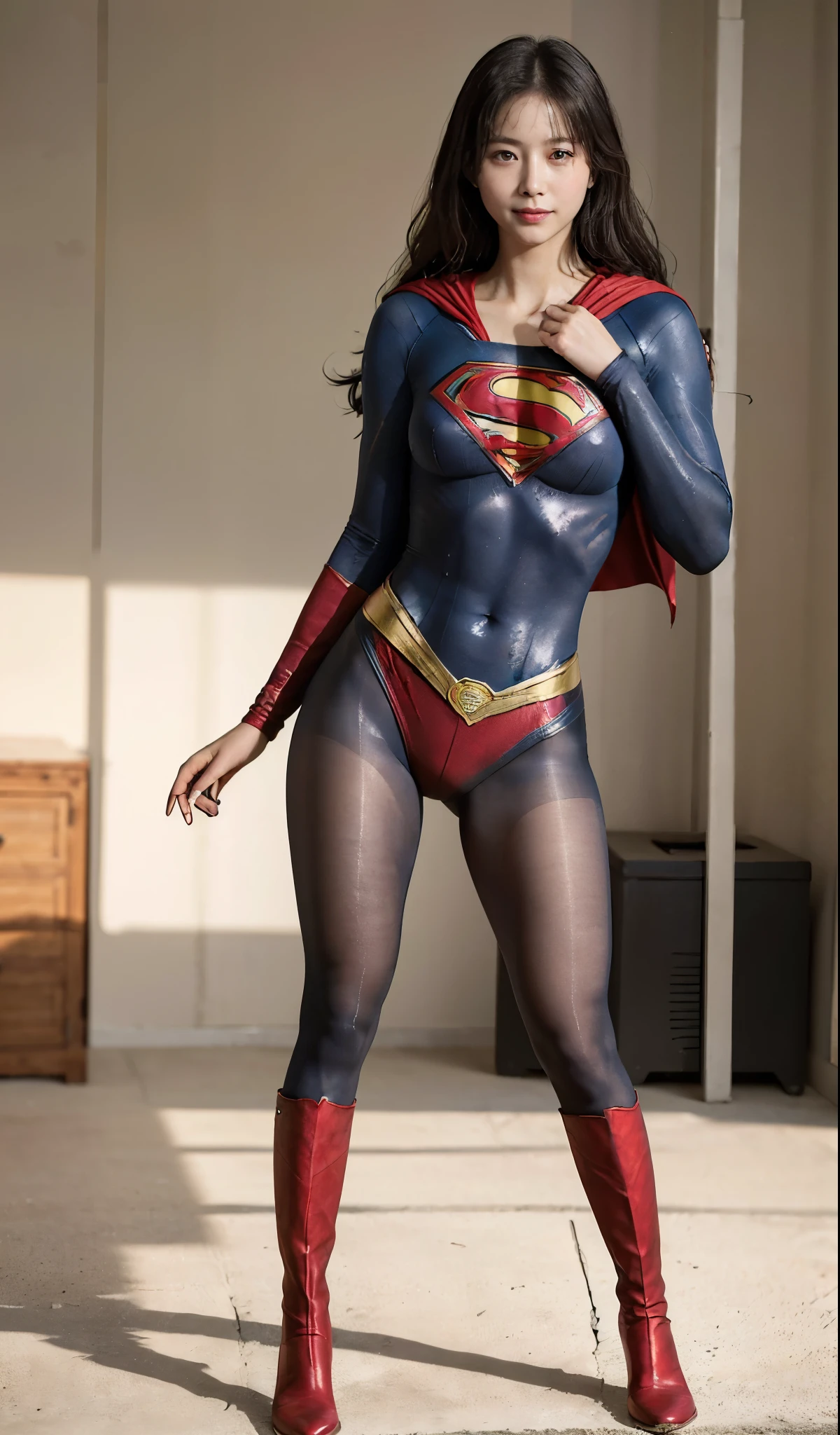 No background、(((Beautiful legs in black tights.)))、(((Legally express the beauty of your smile)))、((((Make the most of your original images)))、(((Supergirl Costume)))、(((Beautiful Hair)))、(((suffering)))、(((Please wear black tights....、Wear red boots)))、((Best image quality、8k))、((highest quality、8k、masterpiece:1.3))、(((Preserve background )))、Sharp focus:1.2、Beautiful woman with perfect figure:1.4、Slim Abs:1.2、Wet body:1.5、Highly detailed face and skin texture、8k