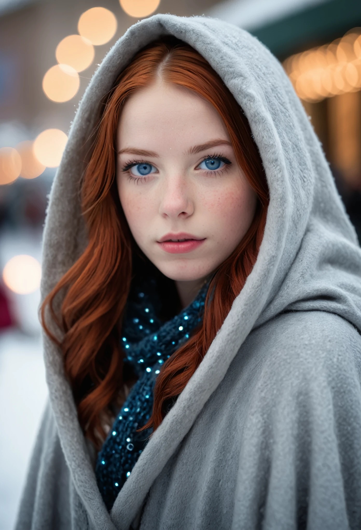 photograph of a cute adult girl, cabello rojo, pale skin, pecas, rubor, Inocente,  y cara juvenil, ojos azul plateado, usando una capa, festival de navidad de la ciudad, nevada, Porta 160 color, disparo en ARRI ALEXA 65, bokeh, afilado focus on subject, disparado por Don McCullin, NSFW, (textura natural de la piel, hyperrealism, Luz tenue, afilado), (Ojos redondos perfectos:1.3), Captura la esencia de su belleza., Enrich the composition with soft., Diffused natural light that accentuates textures and colors., creando una imagen atemporal y culturalmente rica