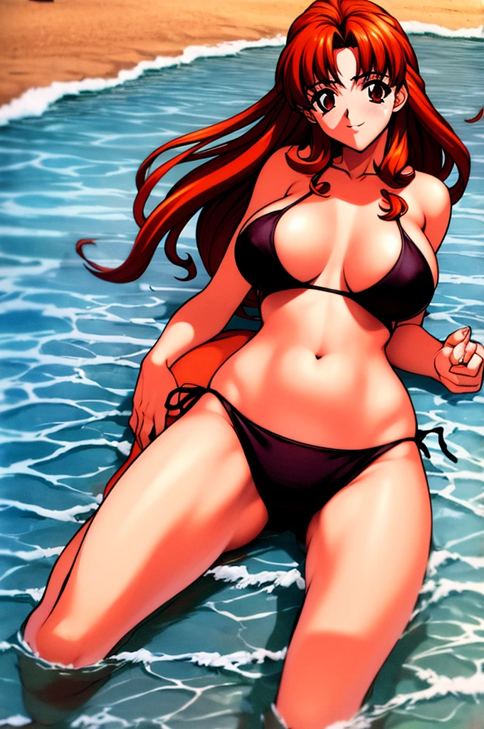 Sonozaki　Misao Sonozaki, masterpiece, best quality, a very attractive sexy mature woman in a bikini lying down on a beach near the sea, 1girl, outdoors, thong bikini, swimsuit, breasts, solo, on stomach, navel, legs up, looking at viewer, smile, cleavage, red in black bikini, side-tie bikini bottom, jewelry, day, halter strap, beach, string bikini, arm under breasts,