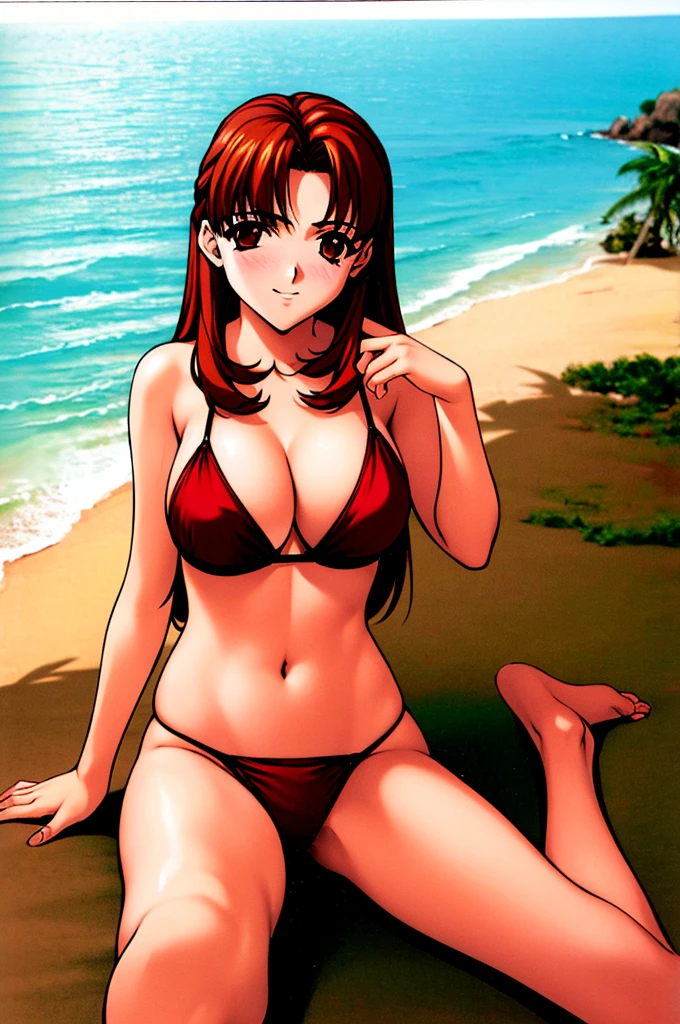 Sonozaki　Misao Sonozaki, masterpiece, best quality, a very attractive sexy mature woman in a bikini lying down on a beach near the sea, 1girl, outdoors, thong bikini, swimsuit, breasts, solo, on stomach, navel, legs up, looking at viewer, smile, cleavage, red in black bikini, side-tie bikini bottom, jewelry, day, halter strap, beach, string bikini, arm under breasts,