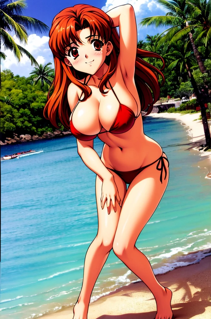 Sonozaki　Misao Sonozaki, masterpiece, best quality, a very attractive sexy mature woman in a bikini lying down on a beach near the sea, 1girl, outdoors, thong bikini, swimsuit, breasts, solo, on stomach, navel, legs up, looking at viewer, smile, cleavage, red in black bikini, side-tie bikini bottom, jewelry, day, halter strap, beach, string bikini, arm under breasts,