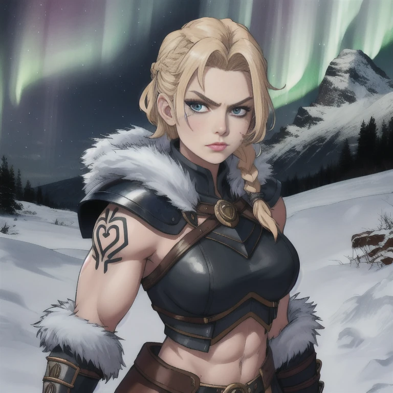 [ Eivor], woman, [,blonde hair,] serious, blue tattoos, braid, cheek scar, leather armor, fur trim, sleeveless, muscular, midriff, upper body, standing, looking at viewer, [northern lights, mountains, cold, camp,],4k,sharp image,detailed