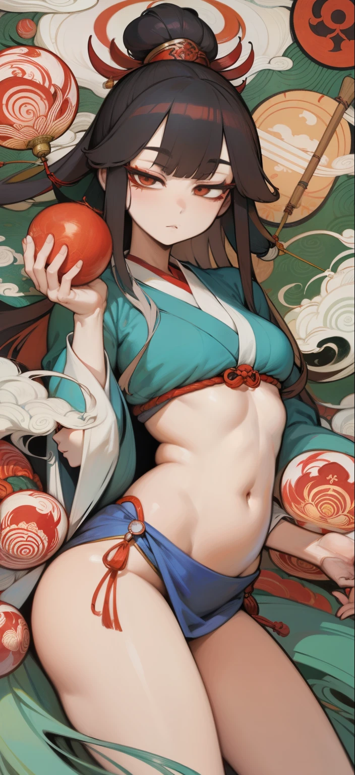 a painting of a woman with long hair and a flower in her hand, korean art nouveau anime, japanese goddess, flowing hair and long robes, anime fantasy illustration, inspired by Sōami, akira from chinese mythology, japanese art style, a beautiful kitsune woman, inspired by Nōami, inspired by Tsukioka Yoshitoshi, autumnal empress