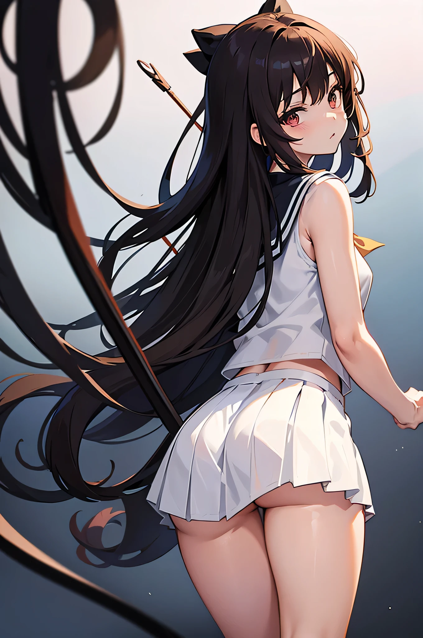 an anime character with long brown tresses and a short skirt in sailor open outfit, holding a bow and arrow, 1girl, solo, lift skirt, sexy very short school uniform, sexy short serafuku, long hair, black hair, cowboy skirt, looking at viewer, white background, simple background, black serafuku, pleated skirt, blush, low back angle, uncensored, 50% nude, nsfw, all intricate details