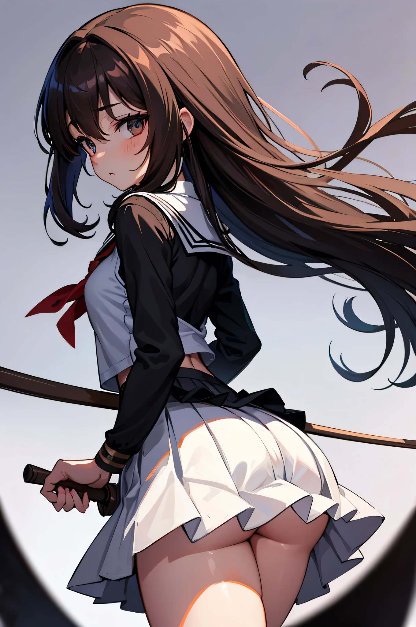 an anime character with long brown tresses and a short skirt in sailor open outfit, holding a bow and arrow, 1girl, solo, lift skirt, sexy very short school uniform, sexy short serafuku, long hair, black hair, cowboy skirt, looking at viewer, white background, simple background, black serafuku, pleated skirt, blush, low back angle, uncensored, 50% nude, nsfw, all intricate details