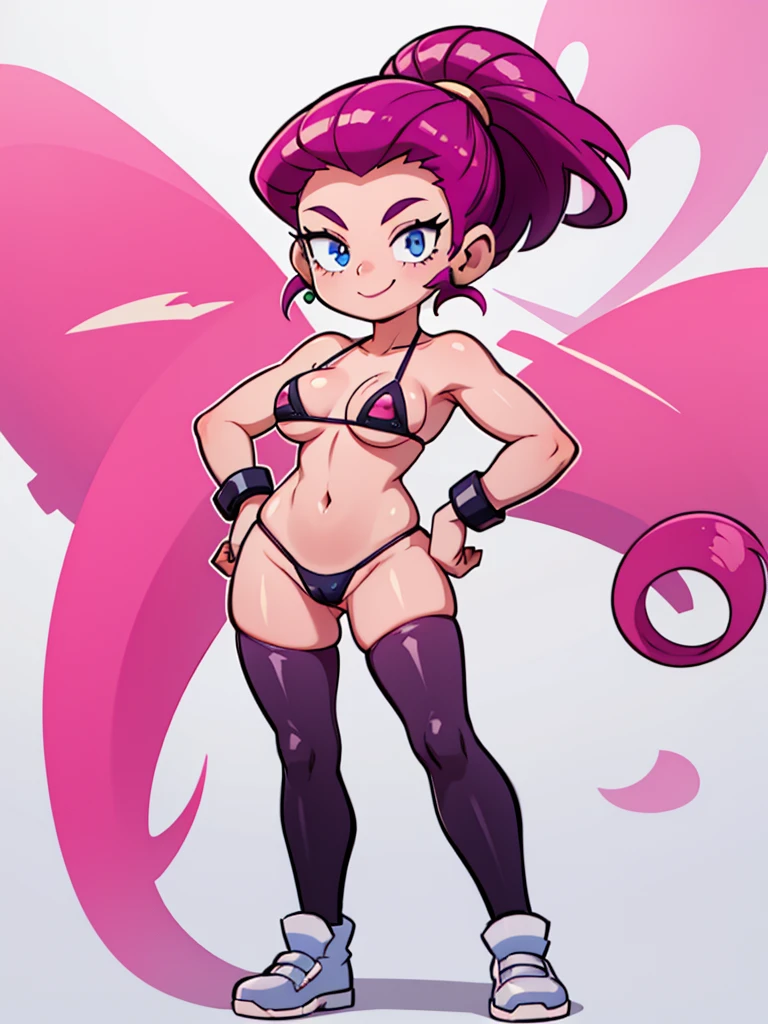 uhd, face detail, MICRO BIKINI, jessie pokemon, hair slicked back, long hair,purple hair,blue eyes, white background: 1.5, smile