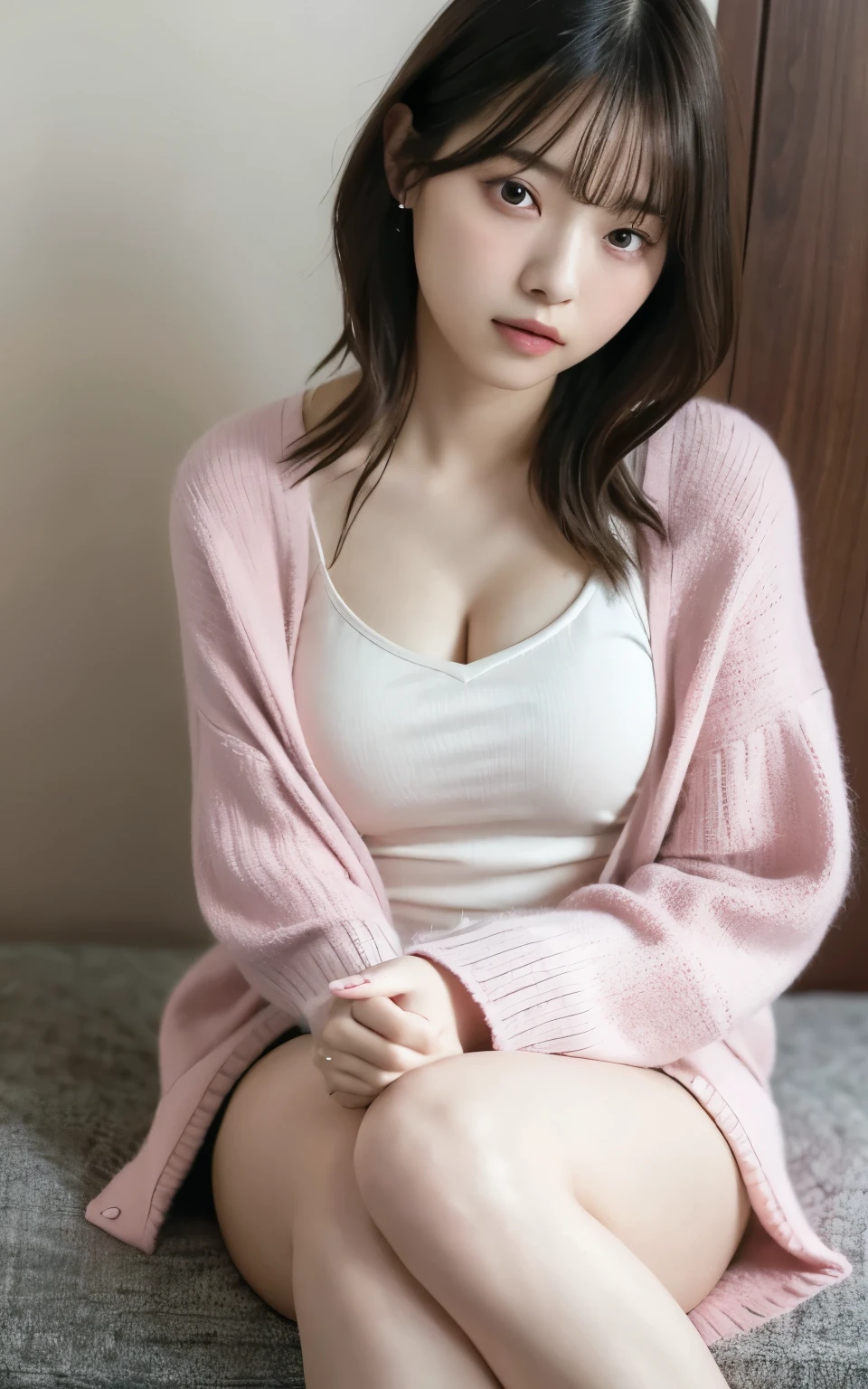 masterpiece, highest quality, 8k, 20th Generation, Large Breasts, cute, alone, sad, cute, Girlish, Delicate girl, Pure beauty, RAW Photos, Professional photography, Portraiture, Soft Light, Professional Lighting, Backlight, Head to Knee, avert your eyes, Sophisticated, Film Grain, (Eyes and facial details:1.0), Short floating hair, Beautiful, flowing hair, bangs, (Loose cardigan(Pink))、(Large Breasts:1.0)、You can see a little cleavage、Micro Mini Skirt、Voluptuous thighs、Dolly Makeup、Odd Eye、The colour of the eyes are opposites