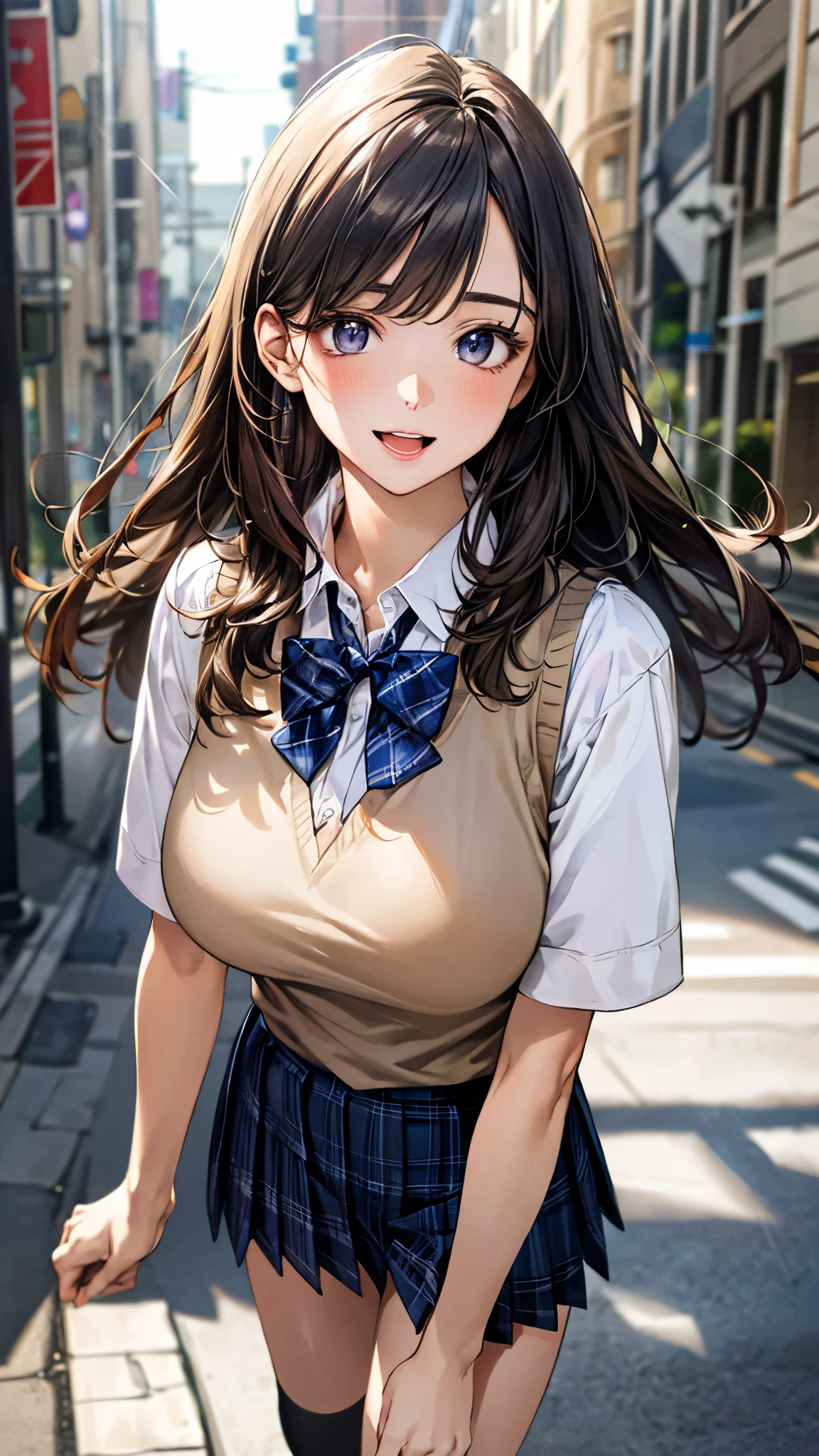 (masterpiece:1.3, top-quality, ultra high res, ultra detailed), (realistic, photorealistic:1.4), beautiful illustration, perfect lighting, natural lighting, colorful, depth of fields, surrealism,
beautiful detailed hair, beautiful detailed face, beautiful detailed eyes, beautiful clavicle, beautiful body, beautiful chest, beautiful thigh, beautiful legs, beautiful fingers, shiny skin, babyface,
looking at viewer, 1 girl, japanese, high school girl, (perfect ???????, anatomically correct, super detailed skin), cute and symmetrical face, perfect face, perfect eyes,
(long hair, (two side up), straight hair, sandy beige hair), asymmetrical bangs, blue eyes, big eyes, long eyelashes, (large breasts:1.2, seductive thighs), slender, outstanding style,
((detailed cloth texture, break,break, white collared shirt, break,break, navy blue suit vest, break,break, blue plaid pleated skirt, break,break, purple blue bow tie), break,break, white socks, black loafer),
(beautiful scenery), evening, (downtown), walking, arms behind back, (lovely smile, upper eyes, open mouth),