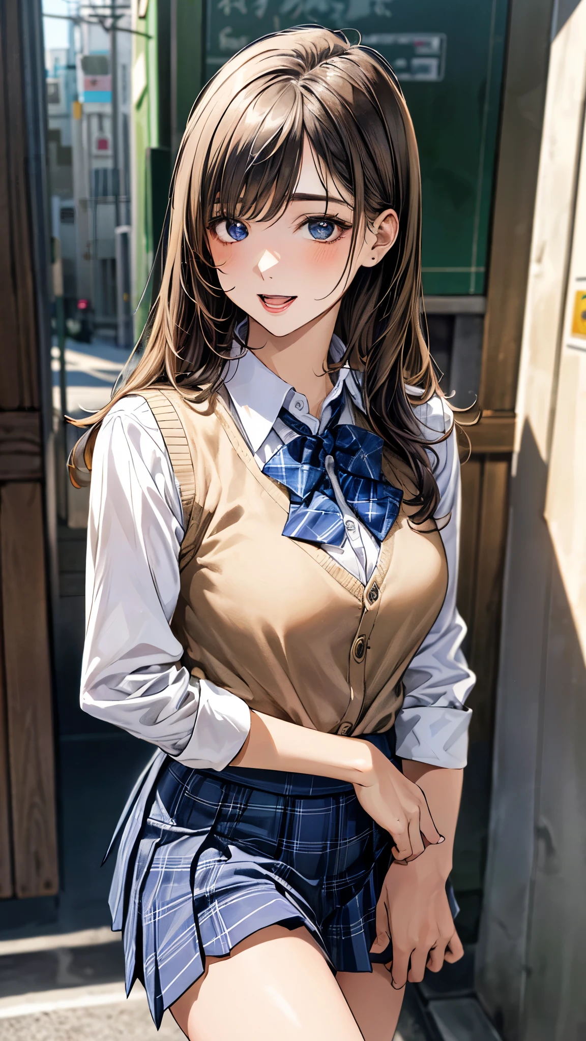 (masterpiece:1.3, top-quality, ultra high res, ultra detailed), (realistic, photorealistic:1.4), beautiful illustration, perfect lighting, natural lighting, colorful, depth of fields, surrealism,
beautiful detailed hair, beautiful detailed face, beautiful detailed eyes, beautiful clavicle, beautiful body, beautiful chest, beautiful thigh, beautiful legs, beautiful fingers, shiny skin, babyface,
looking at viewer, 1 girl, japanese, high school girl, (perfect anatomy, anatomically correct, super detailed skin), cute and symmetrical face, perfect face, perfect eyes,
(long hair, (two side up), straight hair, sandy beige hair), asymmetrical bangs, blue eyes, big eyes, long eyelashes, (large breasts:1.2, seductive thighs), slender, outstanding style,
((detailed cloth texture, break,break, white collared shirt, break,break, navy blue suit vest, break,break, blue plaid pleated skirt, break,break, purple blue bow tie), break,break, white socks, black loafer),
(beautiful scenery), evening, (downtown), walking, arms behind back, (lovely smile, upper eyes, open mouth),