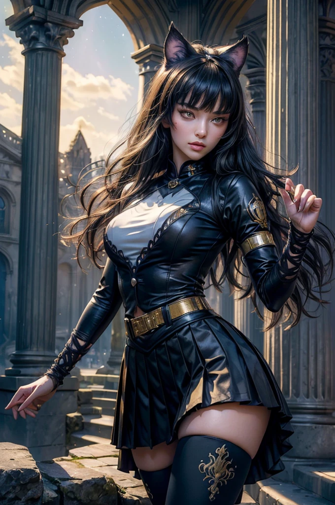 (masterpiece,stunning girlfriend, (standing:1.1), dynamic pose, heart shaped face, elegant face, beautiful face, highly detailed face, highly detailed skin, skin pores, subsurface scattering, realistic pupils, looking at viewer, full lips, detailed background, depth of field, atmospheric perspective, volumetric lighting, sharp focus, absurdres, realistic proportions, good anatomy, (realistic, hyperrealistic:1.4), 16k hdr, (masterpiece, best quality), intricate details, 1girl, blake_belladonna, gmuniform, pleated skirt, blue thighhighs, black and gold uniform, standing outside, night, stars, moonlight, gothic temple, pillars, ruins, river