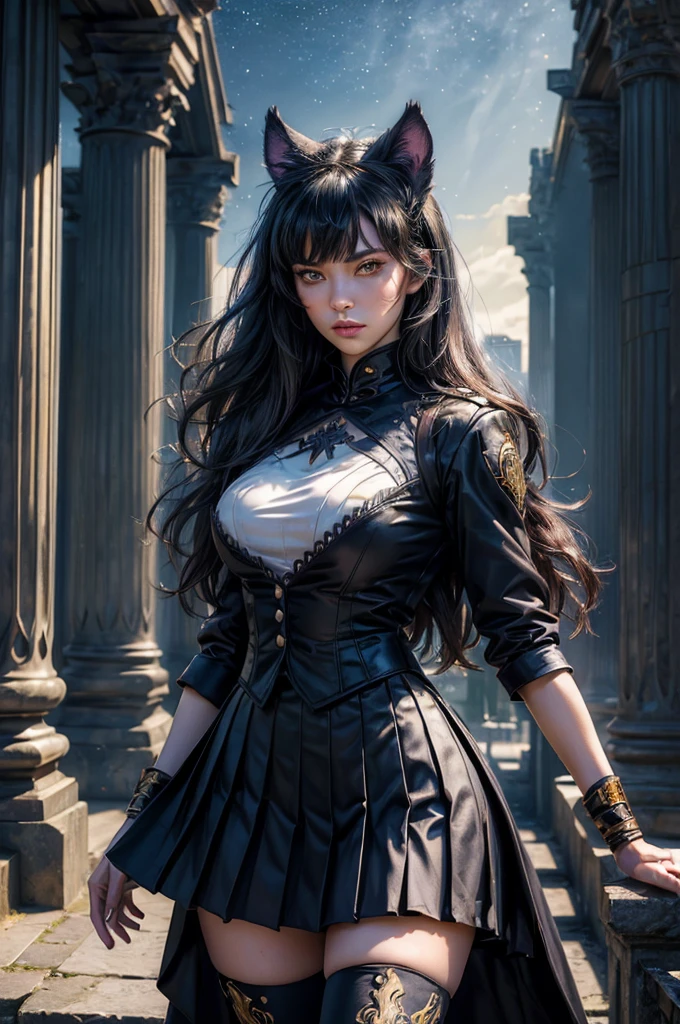 (masterpiece,stunning girlfriend, (standing:1.1), dynamic pose, heart shaped face, elegant face, beautiful face, highly detailed face, highly detailed skin, skin pores, subsurface scattering, realistic pupils, looking at viewer, full lips, detailed background, depth of field, atmospheric perspective, volumetric lighting, sharp focus, absurdres, realistic proportions, good anatomy, (realistic, hyperrealistic:1.4), 16k hdr, (masterpiece, best quality), intricate details, 1girl, blake_belladonna, gmuniform, pleated skirt, blue thighhighs, black and gold uniform, standing outside, night, stars, moonlight, gothic temple, pillars, ruins, river