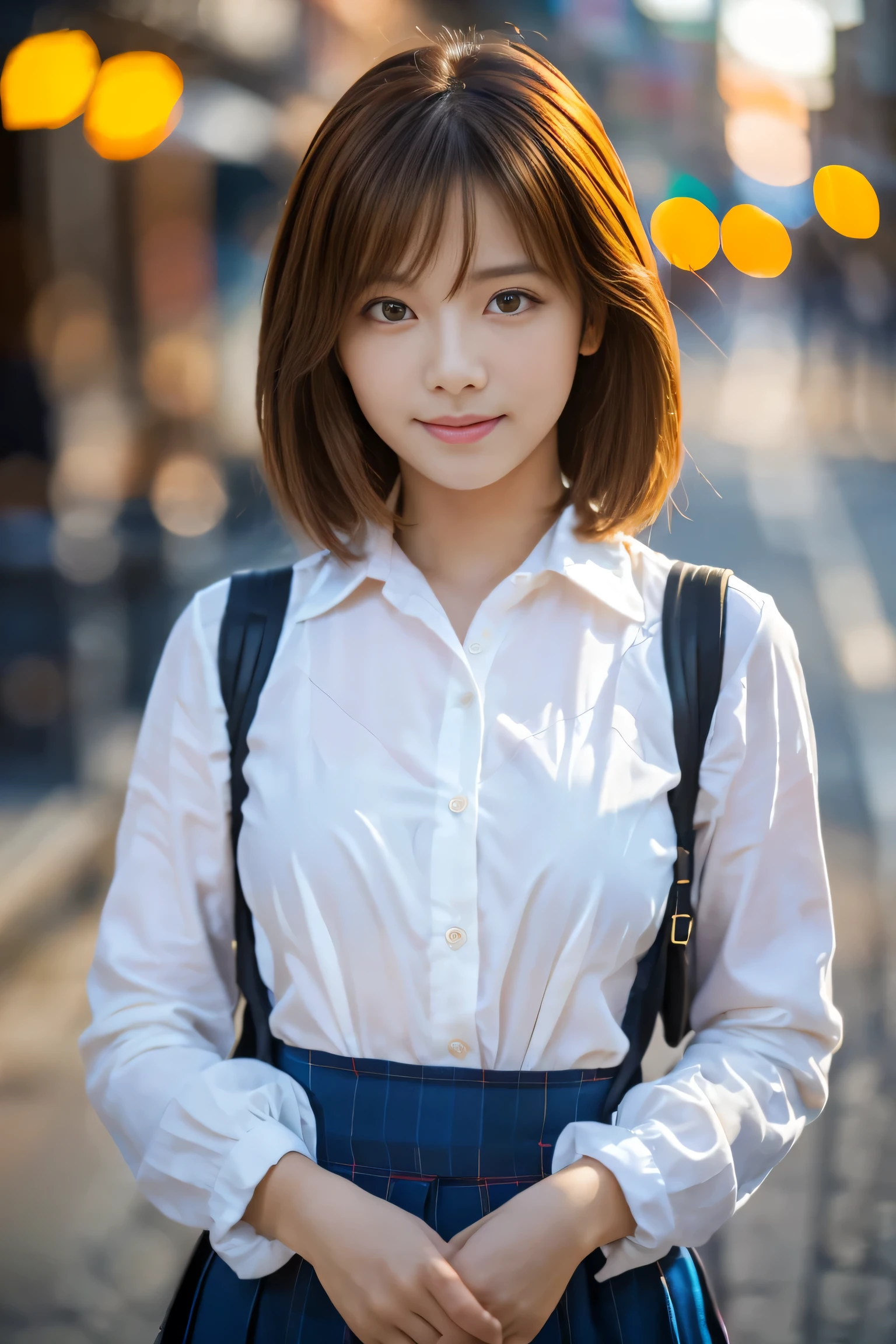 (1. Female), (The best quality at its best:1.4), (Super detailed), (Very detailed CG unified 16k), Beautiful woman with perfect figure: 1.4, Sharp focus: 1.2, Very detailed, High-quality RAW color photos, Professional photography, Great face and eyes, cosmetics, (Amazingly beautiful girl), ((Asuka)), ((shirt, Pleated mini skirt)), Are standing, Sexy posture，(Stylish cityscape, Dawn, Dawn:1.3), (View from below), Realistic movie faces, Wide zoomed out view of head to foot length, Full body long view, Realistic, ((Realistic natural orange red hairstyle, Realistic blue eyes, Short Bob Hair)), nice, Very beautiful face, Perfect model beauty, Mouth swelling, Highly detailed face and skin texture, Fine grain, double eyelid, Medium chest, smile, Crack, west, (masterpiece), highest quality, High resolution, Very detailed, Blurred Background, Depth of written boundary, Cinema Lighting, Great legs, High heels, Clear, well-maintained skin, (((Women make up the majority of the photo)))