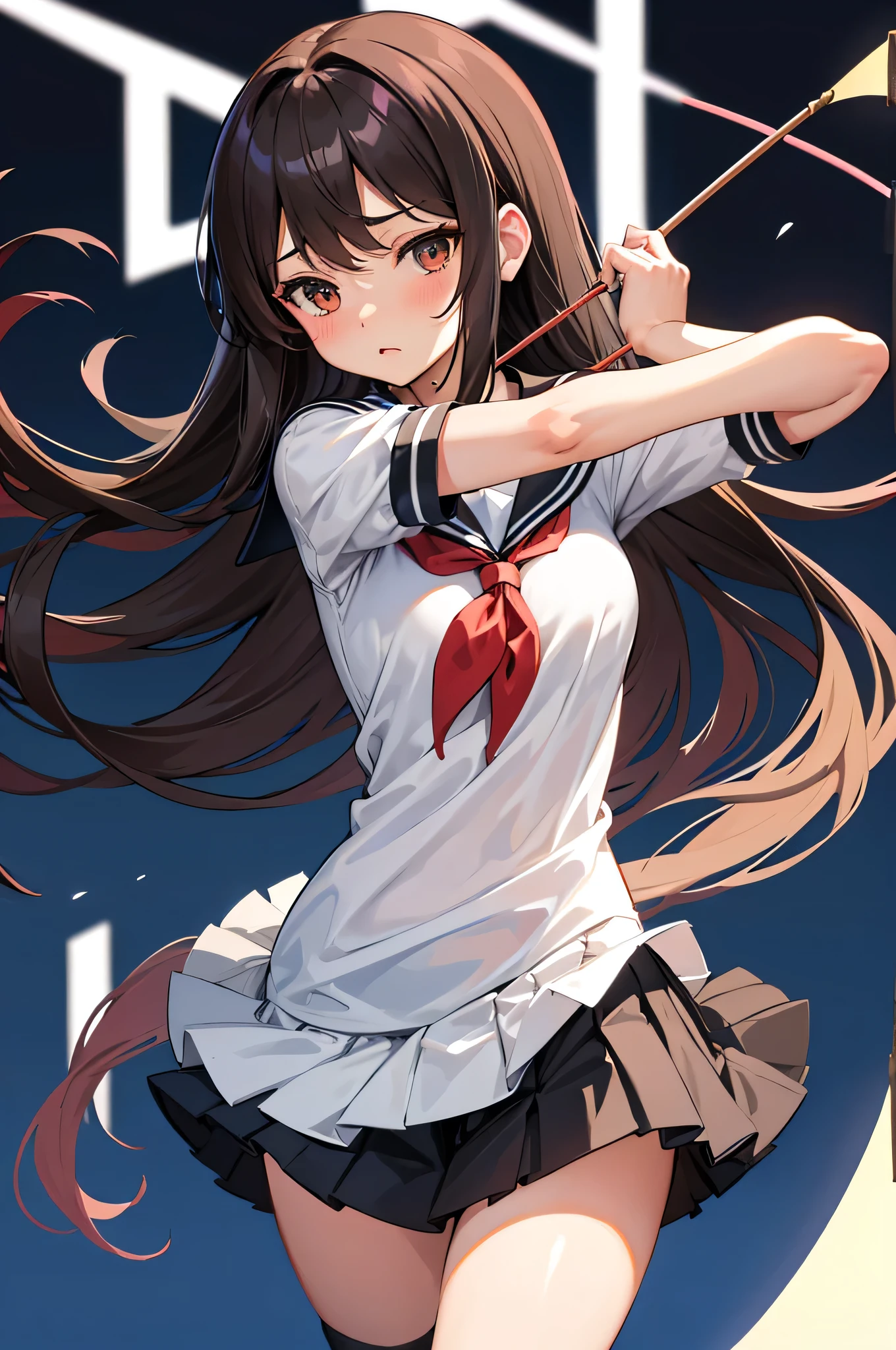 an anime character with long brown tresses and a short skirt in sailor open outfit, holding a bow and arrow, 1girl, solo, lift skirt, sexy very short school uniform, sexy short serafuku, firm medium breasts, long hair, black hair, cowboy skirt, looking at viewer, white background, simple background, black serafuku, pleated skirt, blush, random low angle, uncensored, 50% nude, nsfw, all intricate details