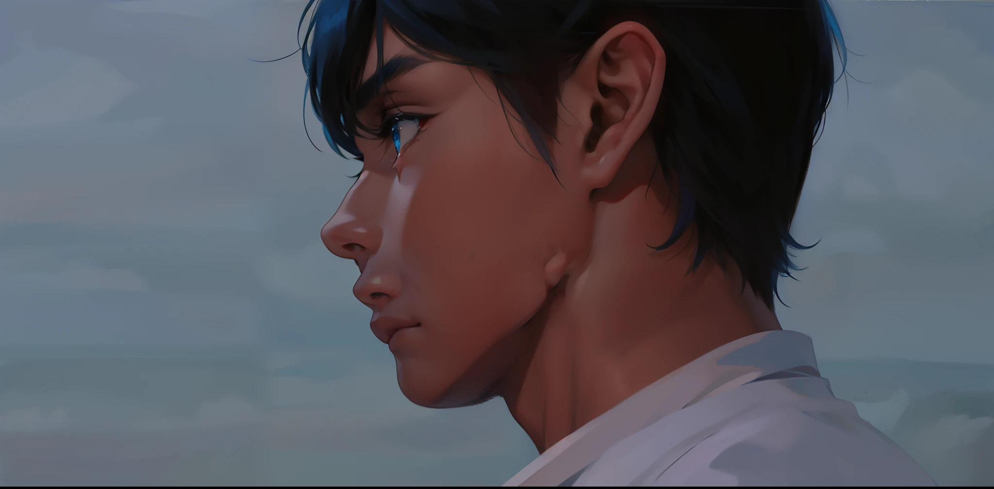 estilo comic estilo anime 2d, There is a 16-year-old boy, blue eye, blue hair, sad, looking.