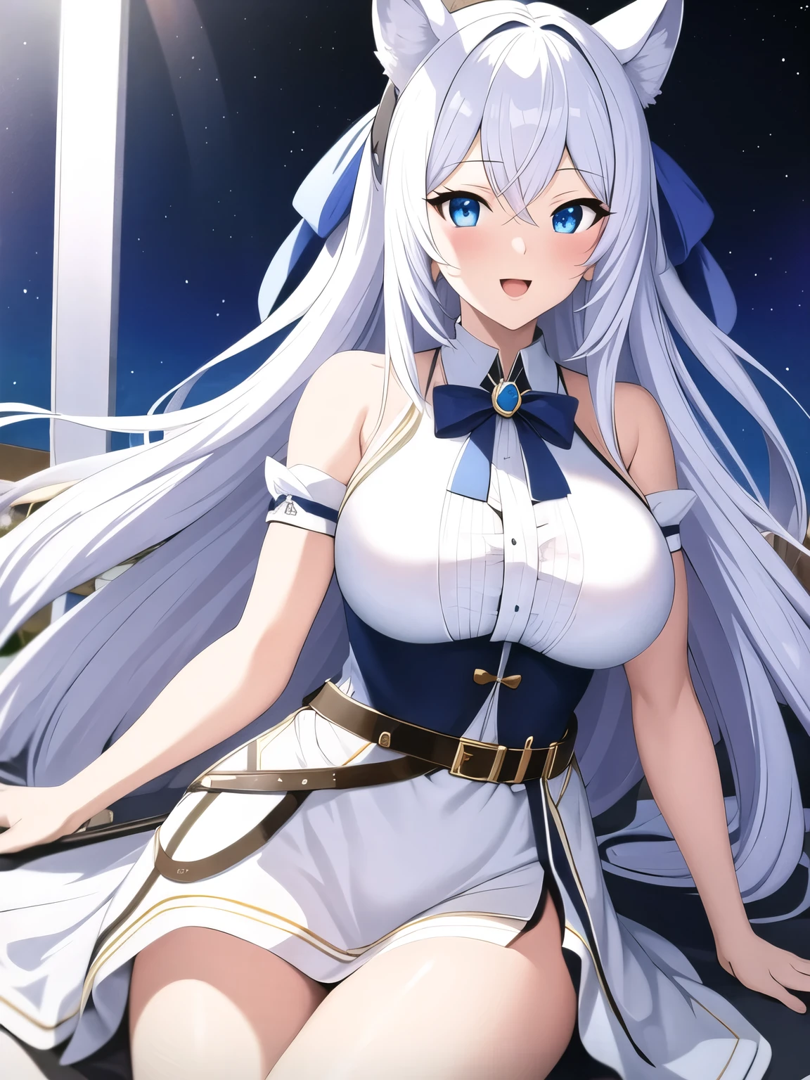 ((Masterpiece, highest quality: 1.2), detailed image, anime character, one girl, blue eyes, rich breasts, white dress, belt with black ribbon, white animal ears, long white hair