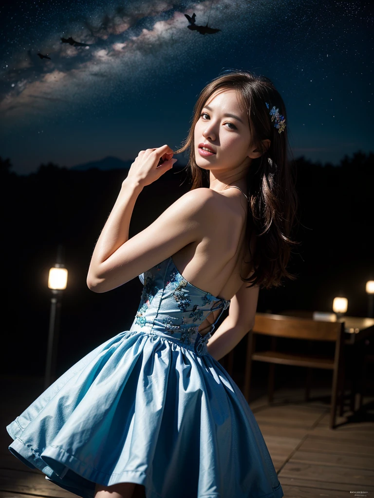 ((masterpiece, highest quality, Best image quality, High resolution, Realistic, RAW Photos, 8k)), ((Highly detailed CG synthesis 8k wallpaper)), Dancing in the starry sky, View from behind, (blue glowing), Shining blue in the dark night, Fluttering summer dress,