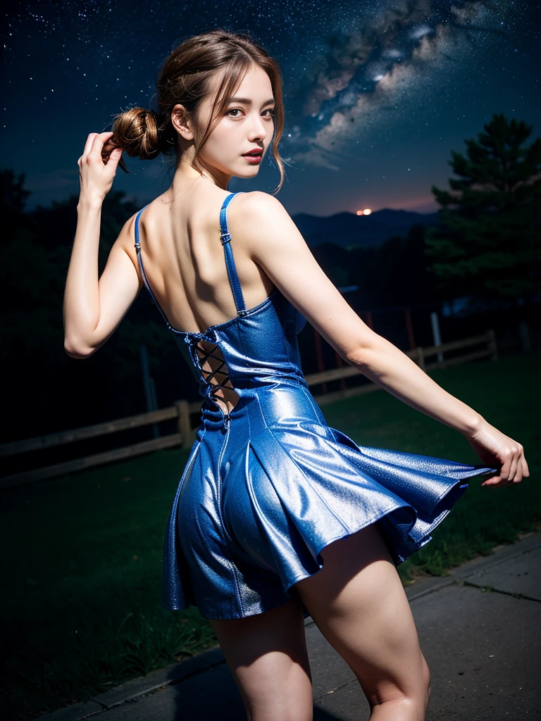((masterpiece, highest quality, Best image quality, High resolution, Realistic, RAW Photos, 8k)), ((Highly detailed CG synthesis 8k wallpaper)), Dancing in the starry sky, View from behind, (blue glowing), Shining blue in the dark night, Fluttering summer dress,