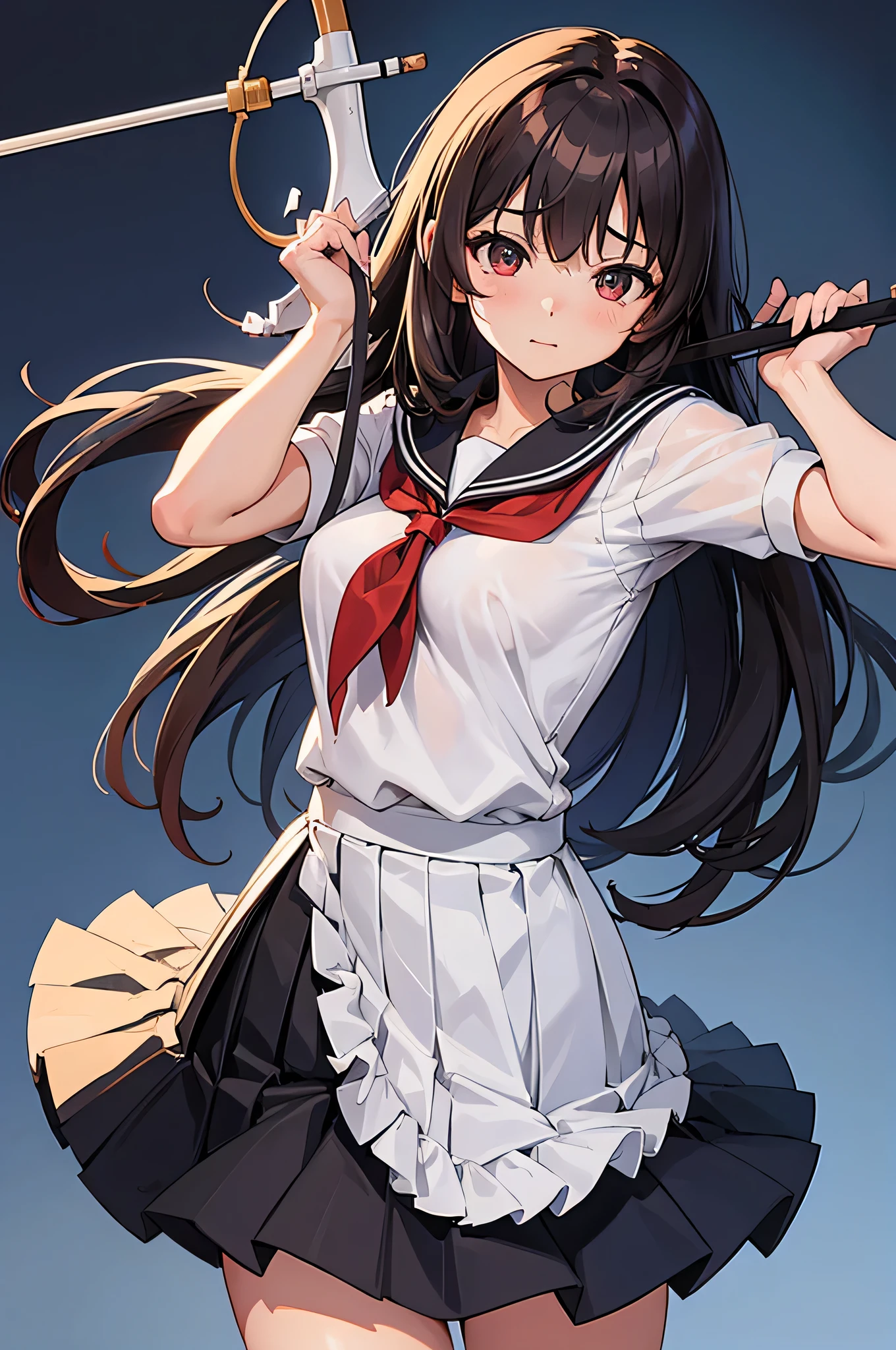 an anime character with long brown tresses and a short skirt in sailor open outfit, holding a bow and arrow, 1girl, solo, lift skirt, sexy very short school uniform, sexy short serafuku, firm medium breasts, long hair, black hair, cowboy skirt, looking at viewer, white background, simple background, black serafuku, pleated skirt, blush, random low angle, uncensored, 50% nude, nsfw, all intricate details
