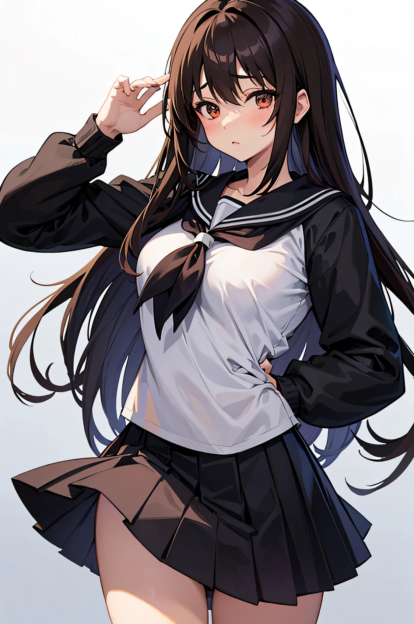 an anime character with long brown tresses and a short skirt in sailor open outfit, holding a bow and arrow, 1girl, solo, lift skirt, sexy very short school uniform, sexy short serafuku, firm medium breasts, long hair, black hair, cowboy skirt, looking at viewer, white background, simple background, black serafuku, pleated skirt, blush, random low angle, uncensored, 50% nude, nsfw, all intricate details
