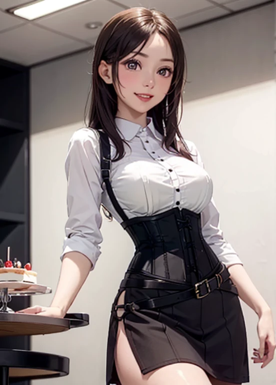 (medium breasts:0.6),(from above:1.2), ((Face)), (Close-Up:0.4), (( eat a cake and have a coffee)),highest quality、(real、photorealistic:1.4),(ultra high resolution, 8K RAW photo, clear focus), best qualtiy, natural lighting, field depth, (Bright pupils, detailed beautiful eyes, high detailed face), Red lip, (tight focus:1.2, from below:1.2), sexy posing, erotic cute,cooking Research Institutes(beautiful and luxurious:1.2),(double breasted:1.0,under bust:1.0), gap between buttons,(((corset belt))),(((high waist skirt,))) seductive weak smiling,(with sparkling eyes and a contagious smile),open mouth, Looking at Viewer