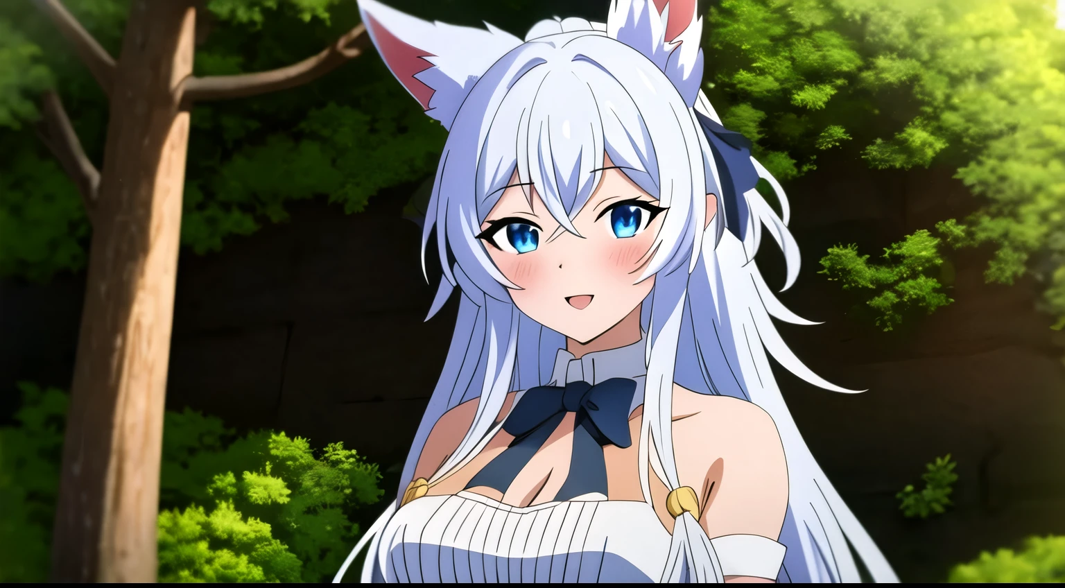 ((Masterpiece, highest quality: 1.2), detailed image, anime character, one girl, blue eyes, full breasts, white dress, black ribbon tied in front, animal ears covered with hair, long white hair