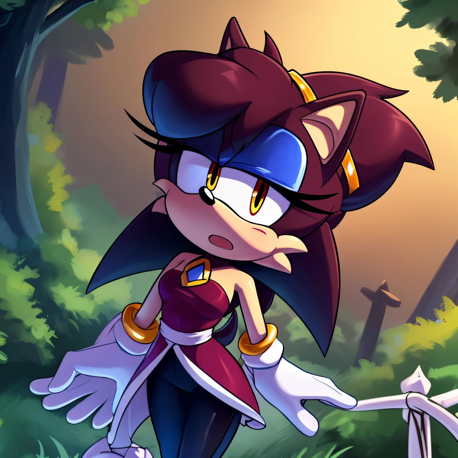 score_9, score_8_up, score_7_up, 2D, ((Masterpiece)), high quality, studio quality, solo, 1girl, Female, Mobian, ((((Hedgehog)))), (((indigo blue colored fur))), ((((hedgehog quills are smoothly curved upward)))), (((fluffy white tips on all quill))), fluffy quills, (large/long hedgehog quills), (upward hedgehog quills), yellow eyes, Nicole cosplay, cosplay, Nicole outfit, looking at viewer, embarrassed expression, forest, (hair bangs), looking nervously/scared, furry female anthro, Hedgehog ears, strapless darkish crimson red dress, split dress, black pants, black and white gloves, gold ring cuffs, standing, looking at viewer, darkish crimson red sleeveless dress with black and white split tails decorated with a white trim, and a small golden brooch with a darkish crimson red gem, medium breasts, darkish crimson red makeup